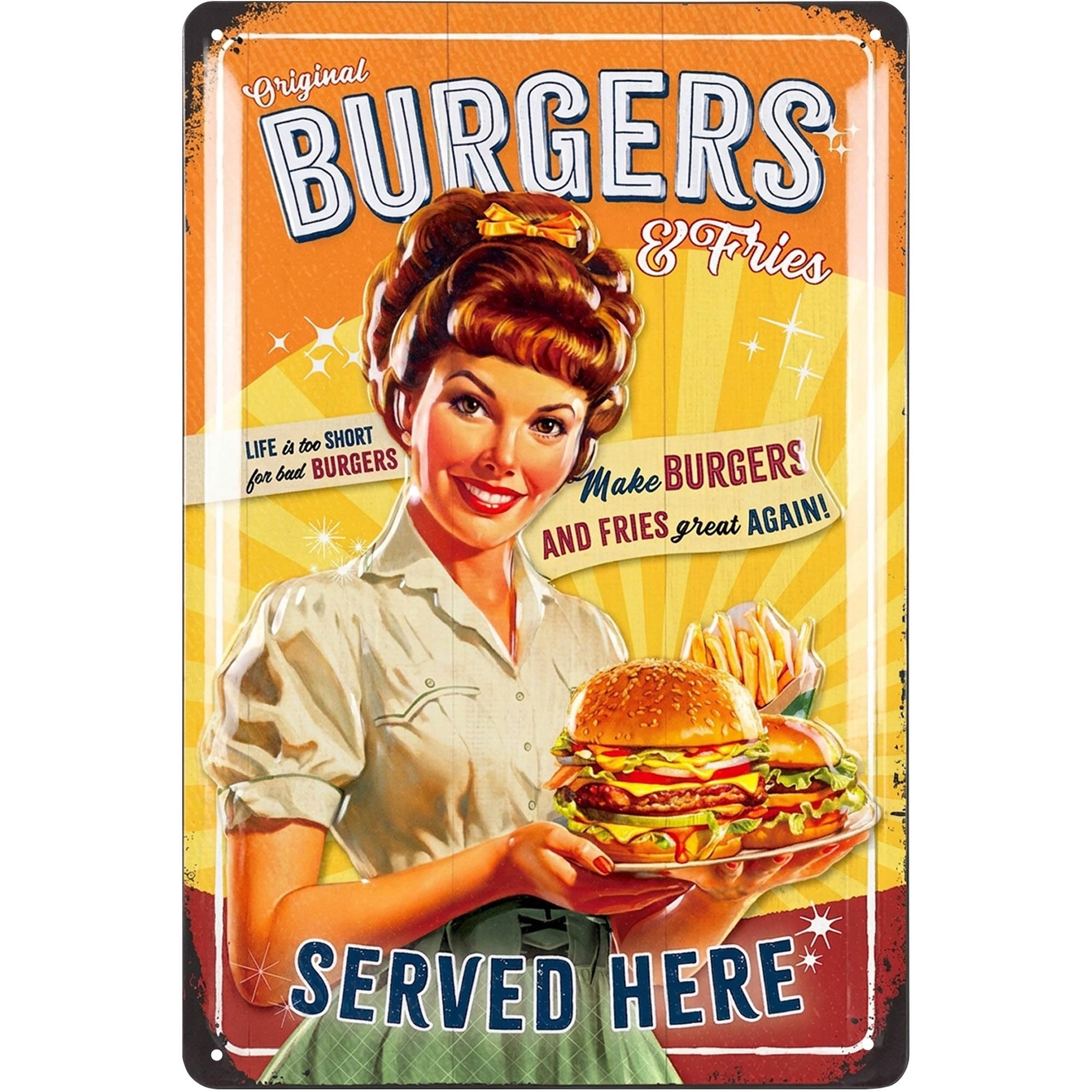 LANOLU Vintage Tin Sign BURGER, Retro Diner Decor, Restaurant Decor, Vintage BBQ Signs, Retro BBQ & Diner Wall Art, Burger Signs For Business, 50s Kitchen Decor, 12x8"