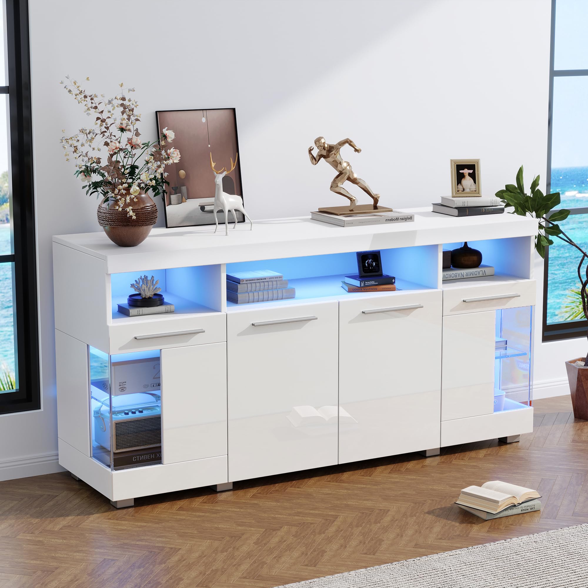 Hochglanz Sideboard Wohnzimmer Beistellschrank mit LED Licht und Offener Fach, Wohnzimmerschrank Buffetschrank mit Glastür, Highboard Vitrine mit Silberner Griff, Schrank Weiß, 140x40x70 cm