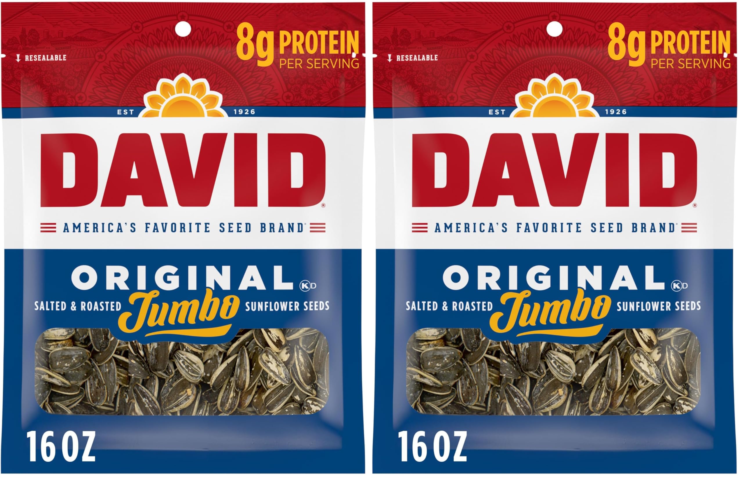 DAVID Roasted and Salted Original Jumbo Sunflower Seeds, 16 oz (Pack of 2)
