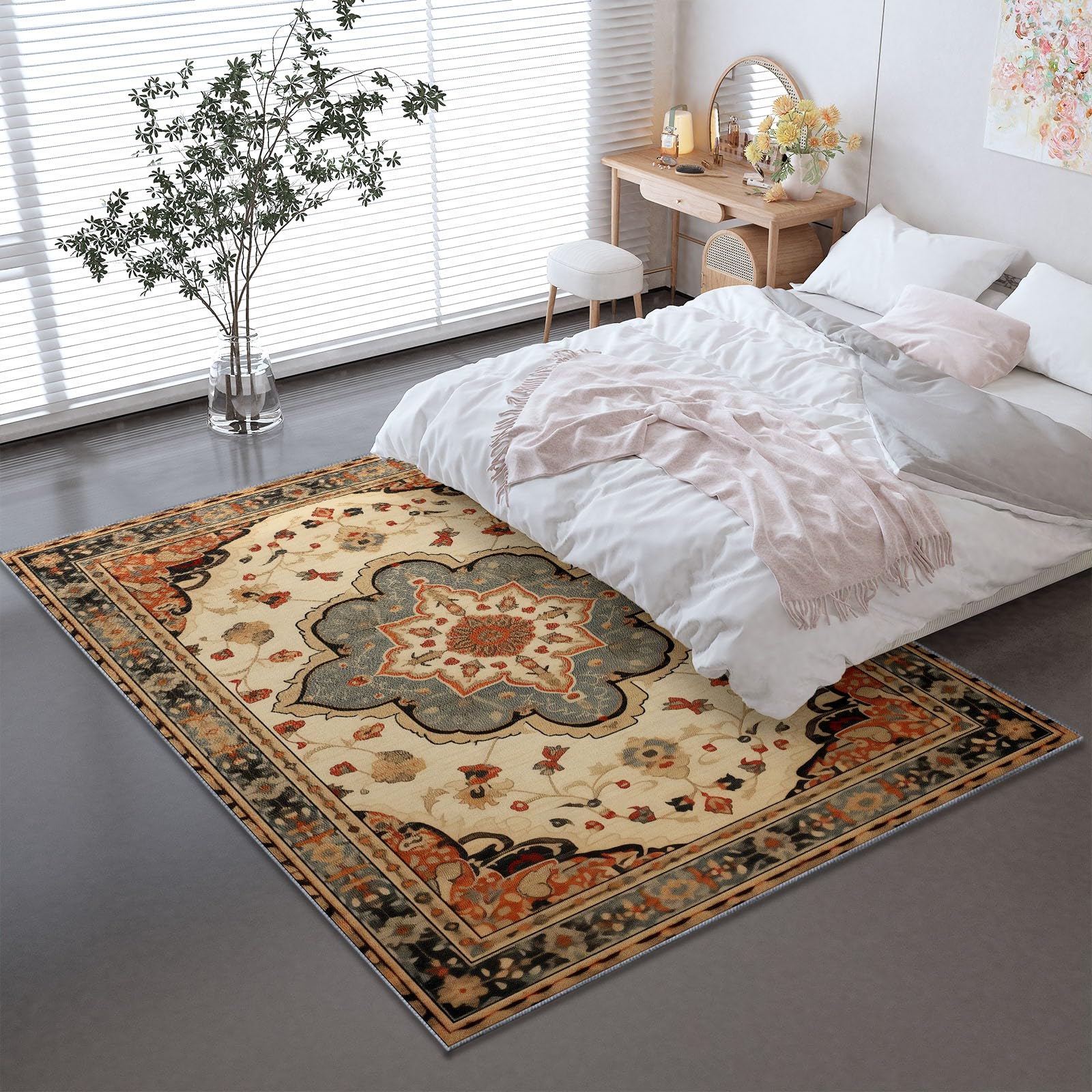 Niedriger Stapel Teppich Antirutschunterlage 120 x 180 cm, Vintage Glamourös Floral Symmetrisch Geometrisch Teppich Wohnzimmer, Mehrfarbig Teppiche Waschbar für Küche, Flur, Schlafzimmer, Spielzimmer