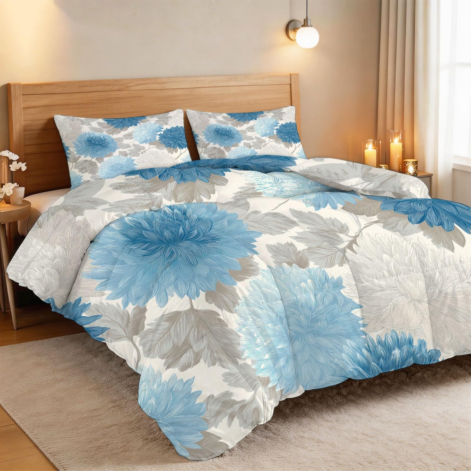 Crisantemi Blu Piumone Stampato Adulto 140 x 200 cm, Piante in Pastello Trapunta 4 Stagioni senza Copri-Guest Principale Edredon Trapunte Trapuntate Reversibili Calde