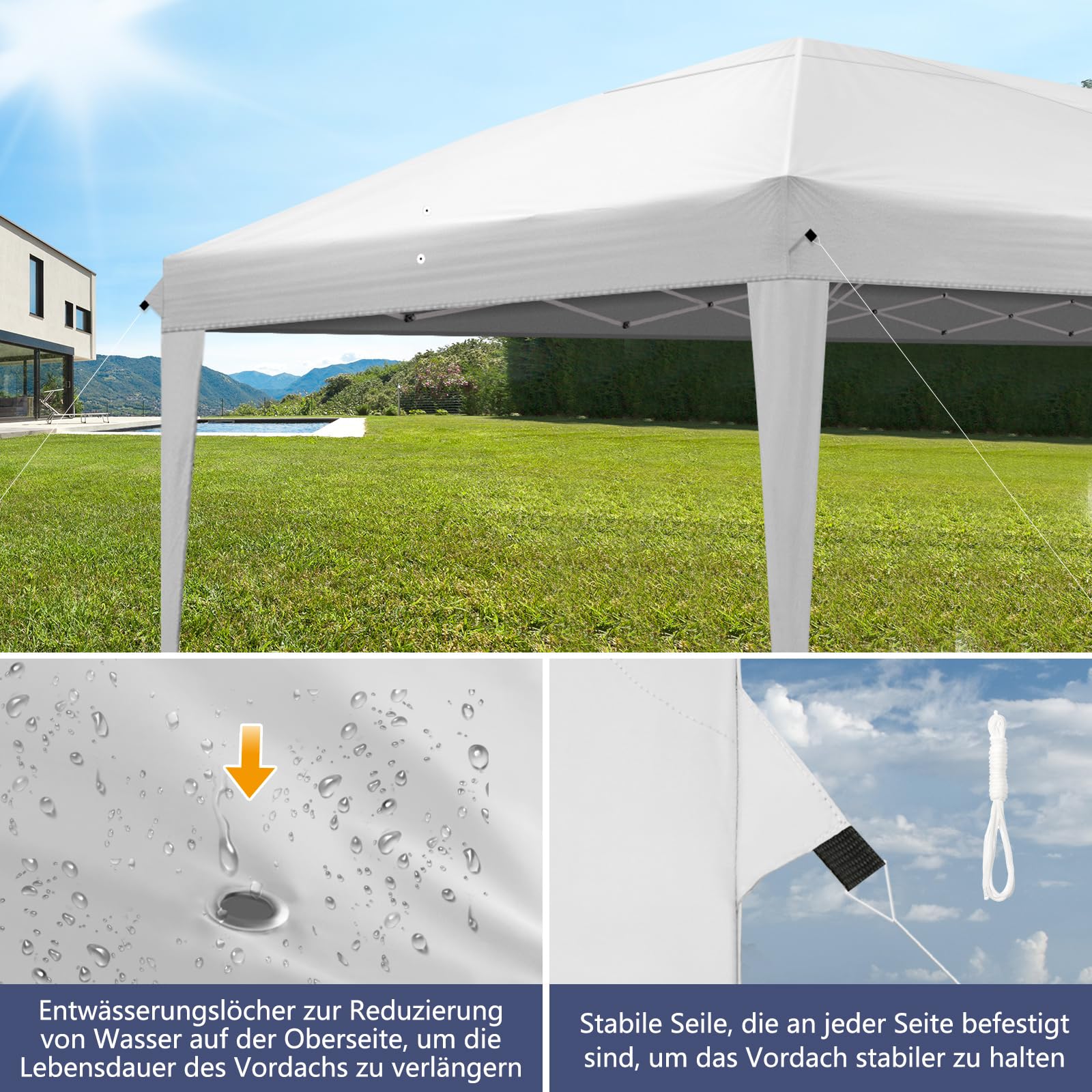 Pavillon 3x6 m,Faltpavillon Wasserdicht Windfest UV 50+ Sonnenschutz, mit 6 Seitenwände,4 Fenster,Höhenverstellbare, Stabil Gartenzelt Partyzelt für Garten, Party, Terrasse,Camping Weiß