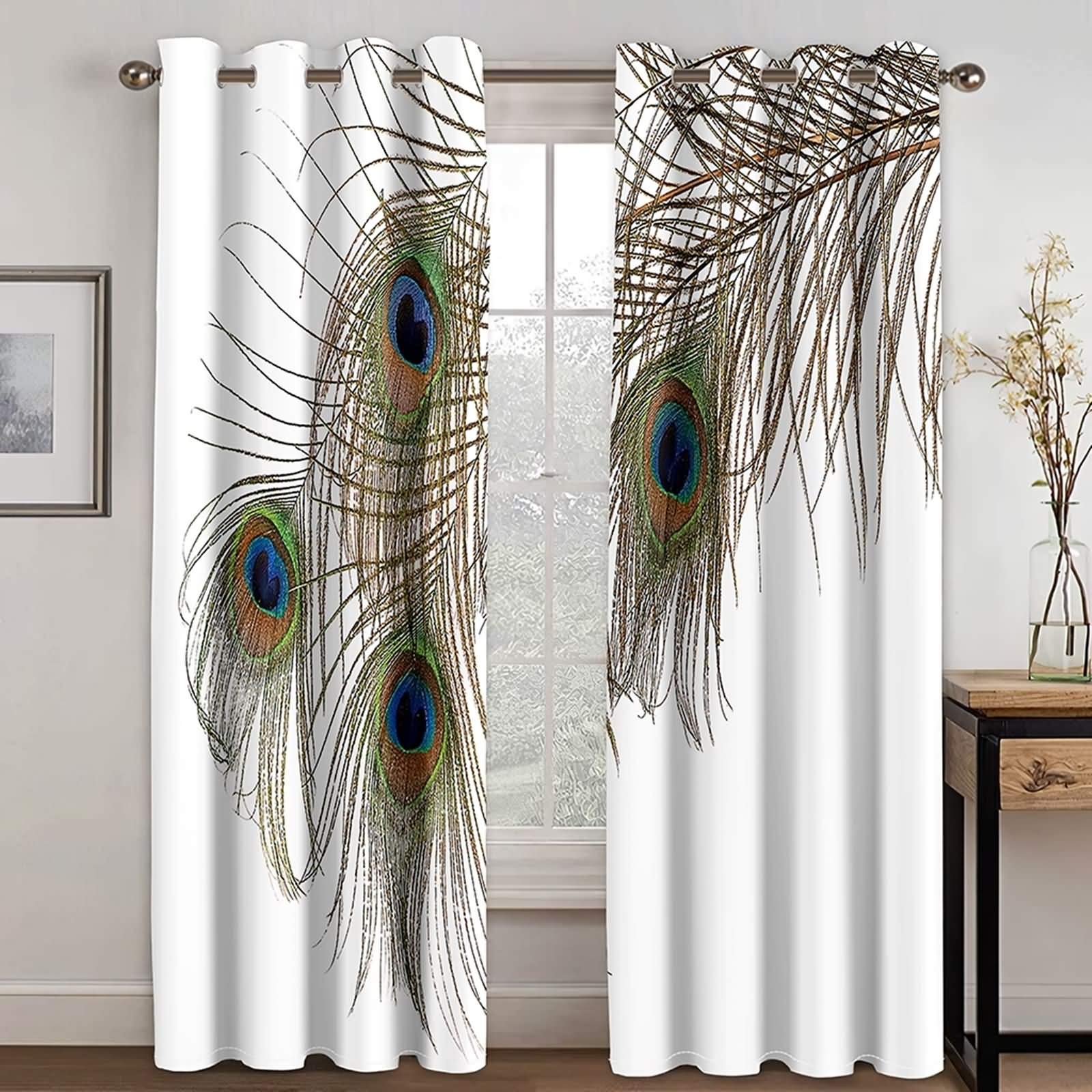 Epinki Zasłony poliestrowe białe pawie pióra zasłony zaciemniające do okien, dostępne w 21 rozmiarach, rozmiar 274 x 138 cm