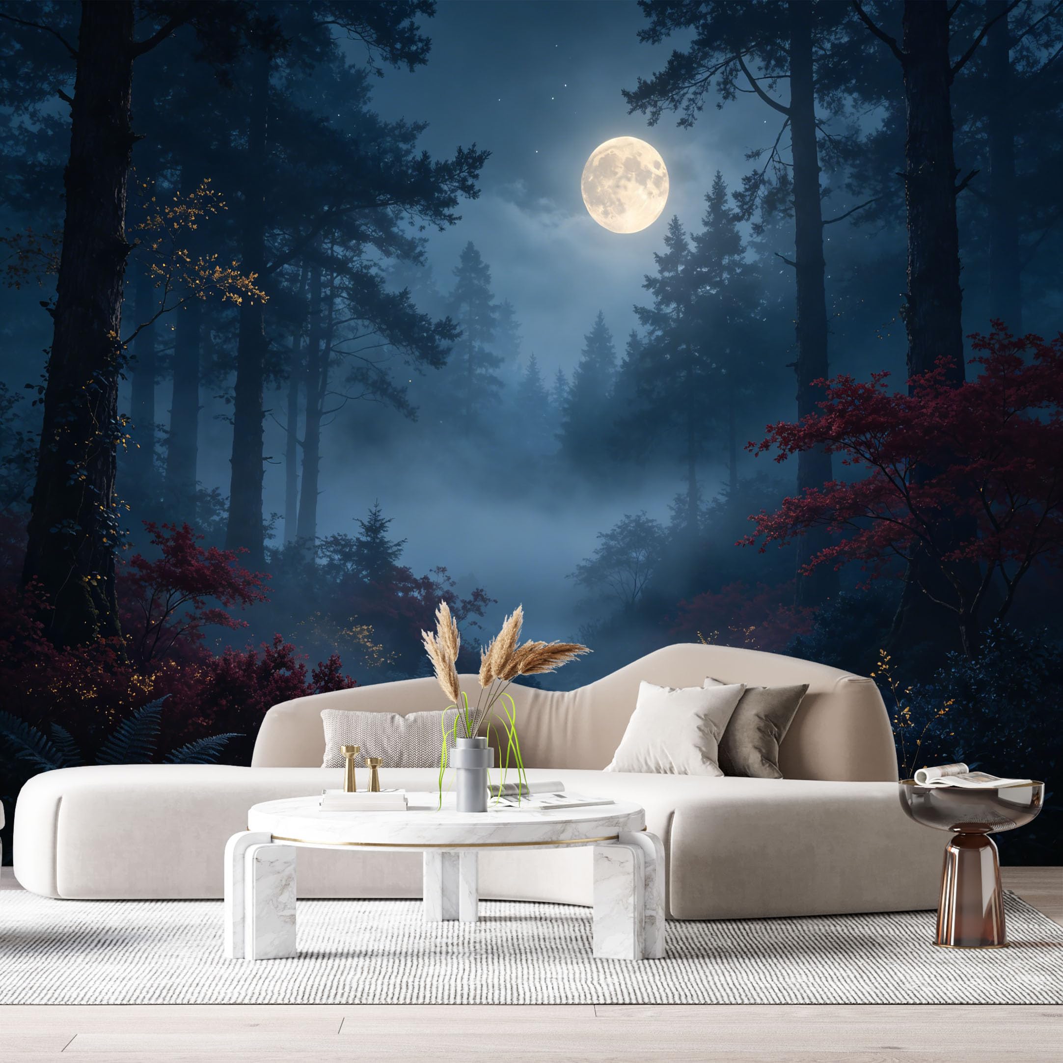 Custom Size Wall Murals Moonlight Forest Landscape Misty Trees Night Glow Botanical SelfAdhesive Wall Fabric Removable Large Wallpaper for Photo Living Room