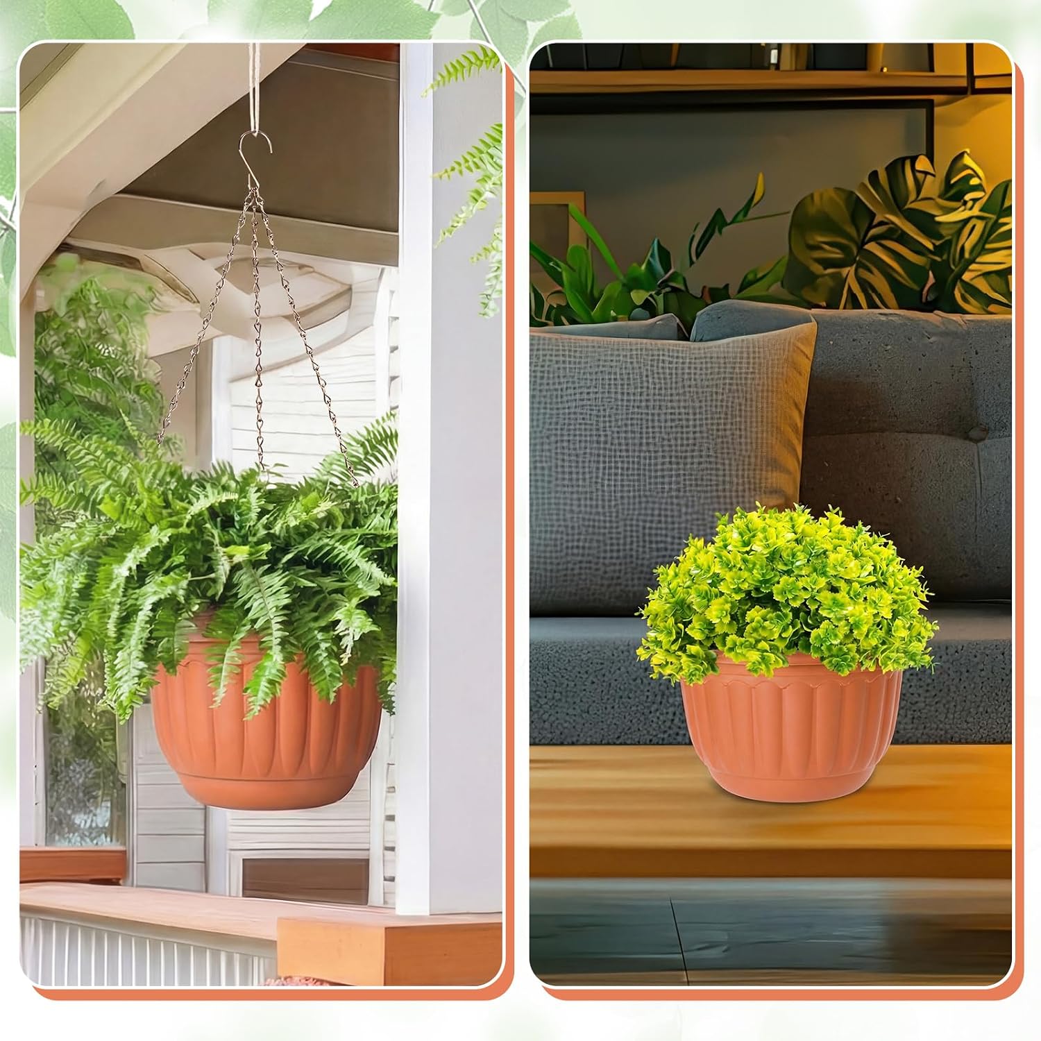 12 Sets Hanging Planters for Indoor and Outdoor Plants Self Watering Hanging Basket Flower Pots Plastic Plant Pots with Drainage Hole and Absorbing Tray(Terracotta,10 Inch)