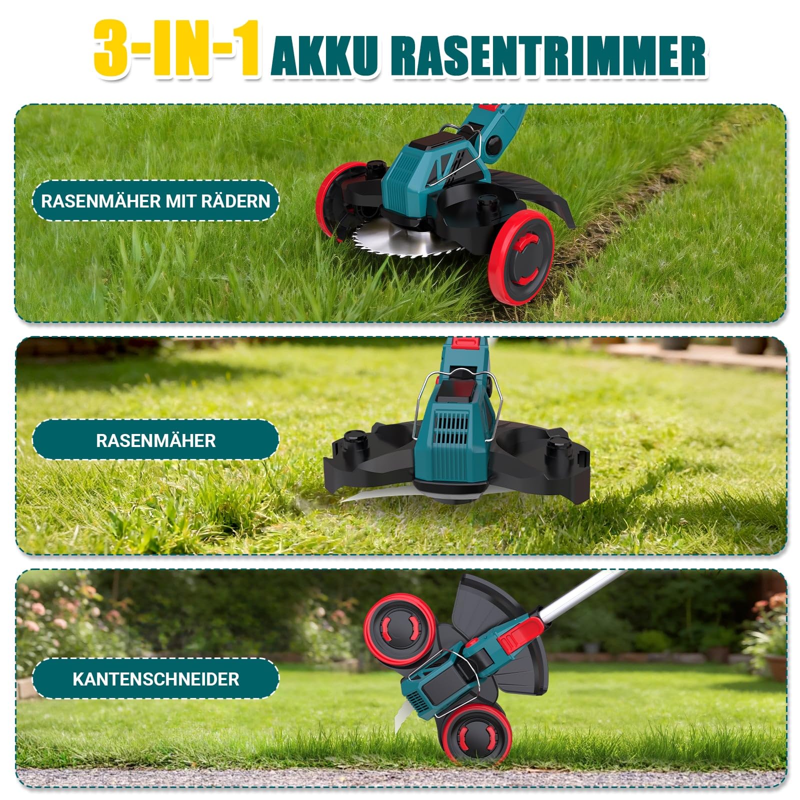 Akku Rasentrimmer für Makita Akkus, 3-in-1 kantenschneider & Rasentrimmer mit Unkrautbürste, Rasenkantenschneider, Freischneider Akku, Motorsense Akku - Inkl. 2 X 21V 4.0Ah Batterie & Ladegerät