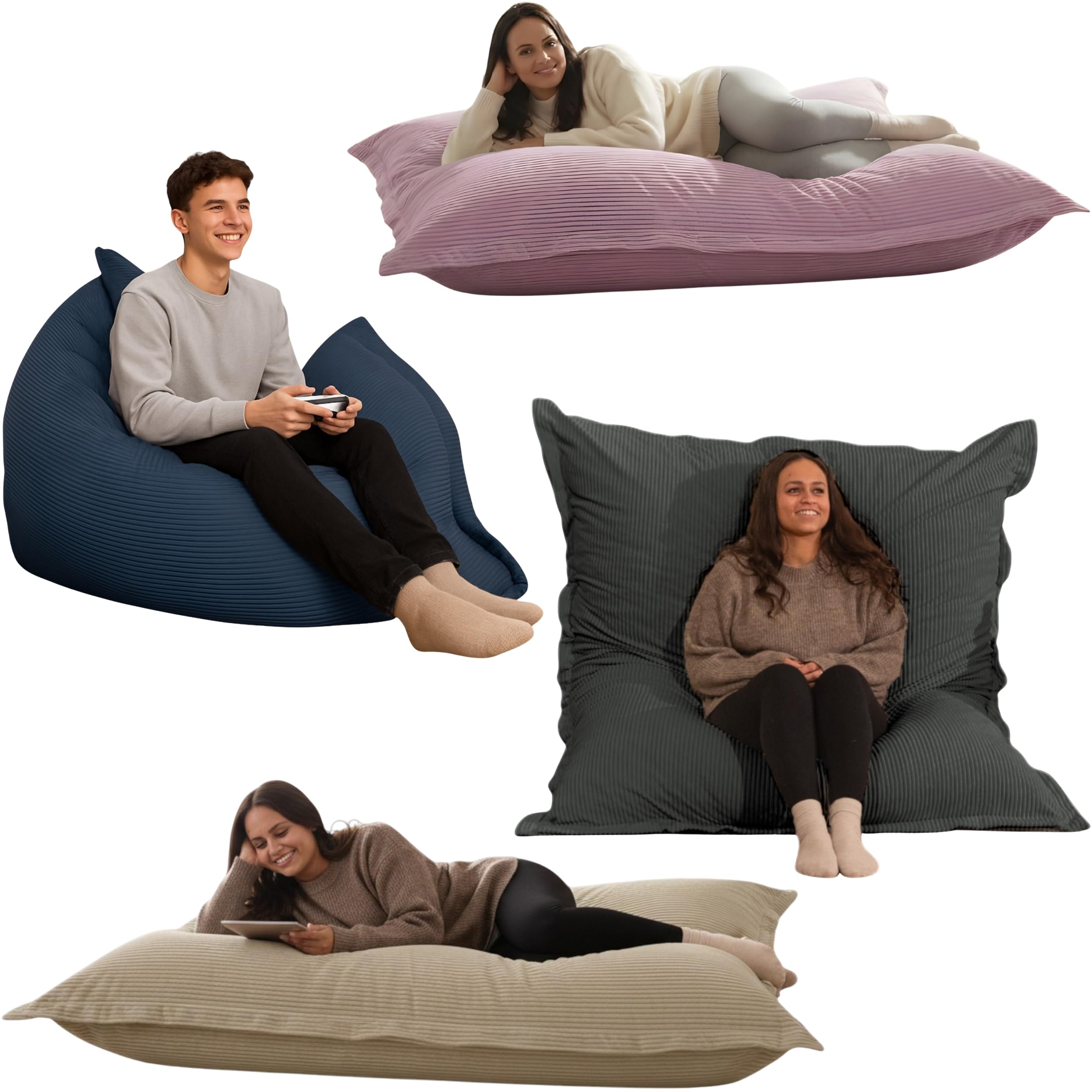 bananair Pouf Géant XXL d’Intérieur en Velours Côtelé 180x140 cm - Doux, Confortable, Déhoussable - Généreusement Rembourré, Détente Totale - Gros Pouf Lit pour Salon, Chambre Ado, Gamer (Bleu Nuit)