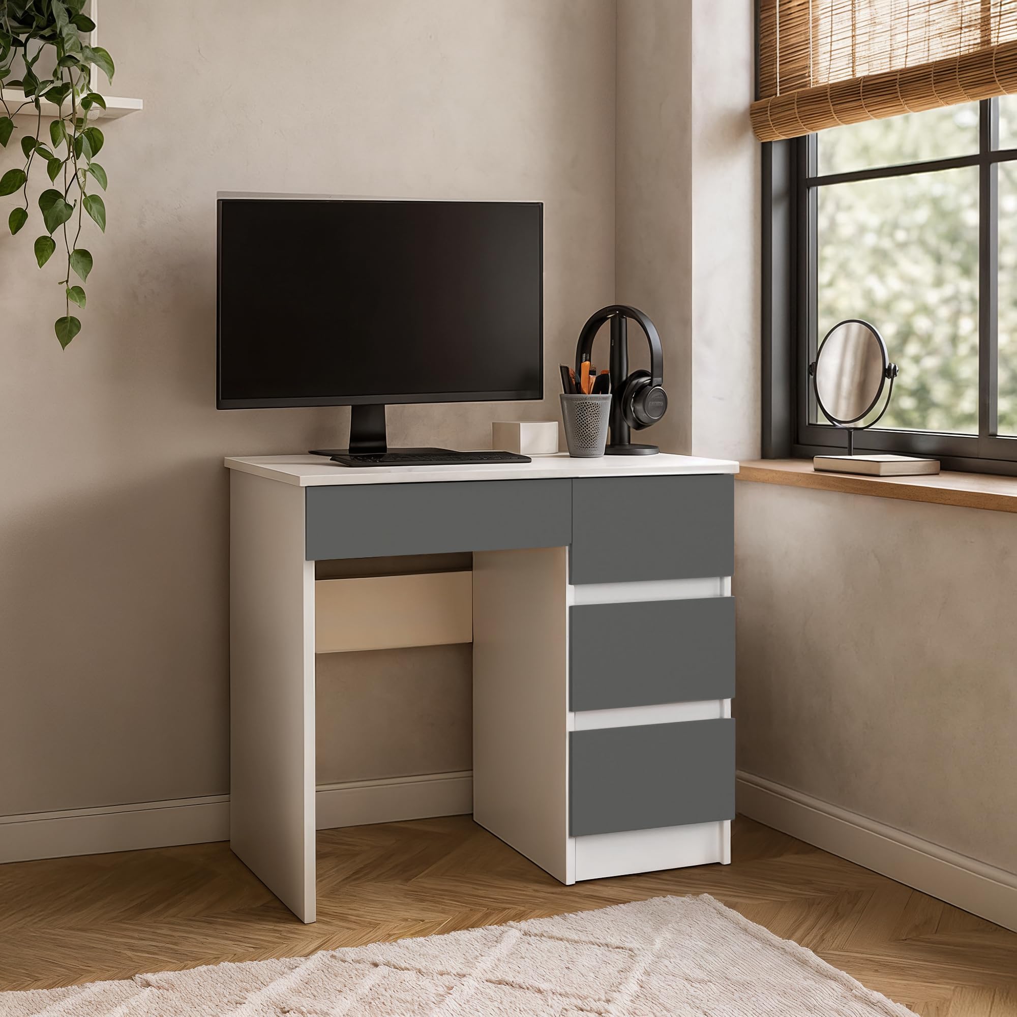 AKORD | Scrivania A-7 | 4 Cassetti | Office Desk | Scrittoio per Ufficio | Per Computer PC Laptop | Al lavoro | A casa | 50x90x77 cm | Bianco/Grigio grafite