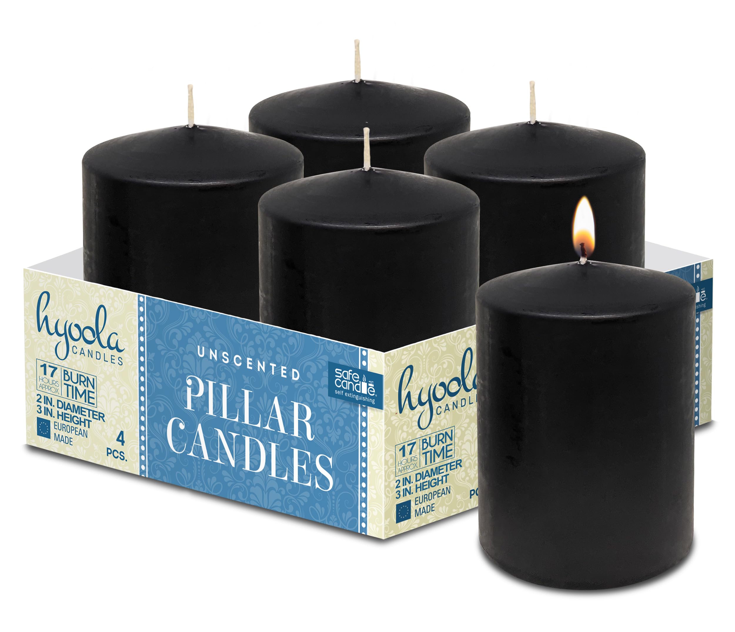 Hyoola Black Pillar Candles 2x3 Inch - 4 Pack Unscented Pillar Candles - European Made