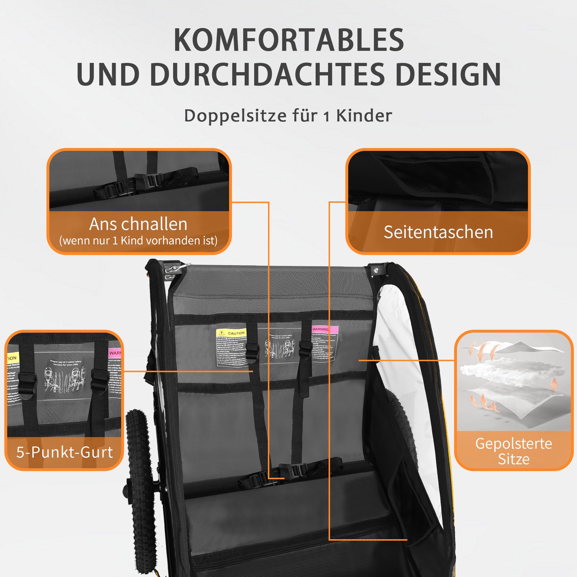 Remorque de vélo pour enfant - Siège ergonomique - Montage facile - Pliable - Avec pneus pneumatiques et sacs de rangement