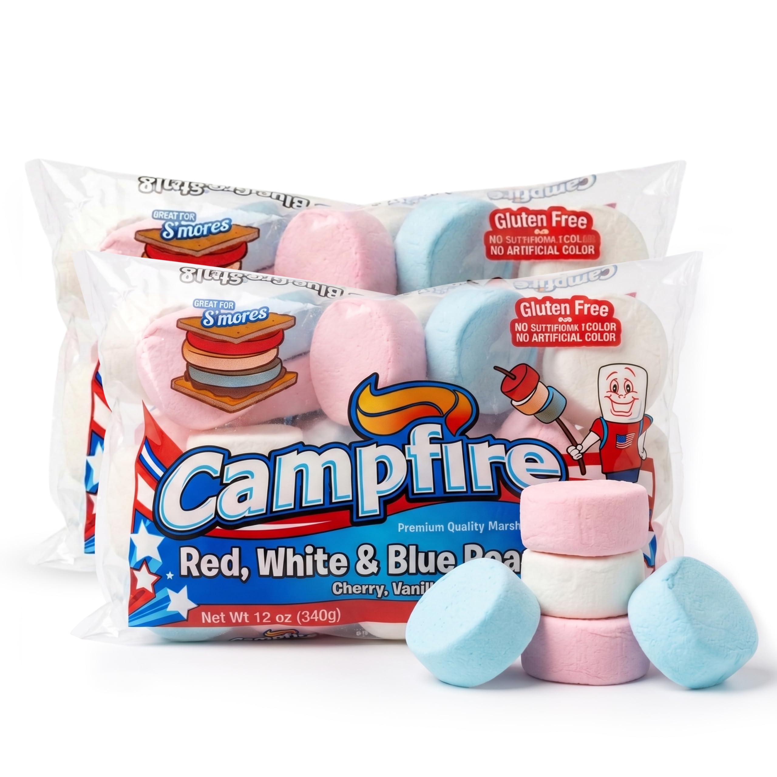 Photo 1 of (2 Pack) 12 oz Red, White & Blue Roaster Marshmallows – Cherry, Vanilla & Blueberry Flavored Jumbo Marshmallows – Gluten Free, No Artificial Colors – Perfect for S’mores & 4th of July Treats