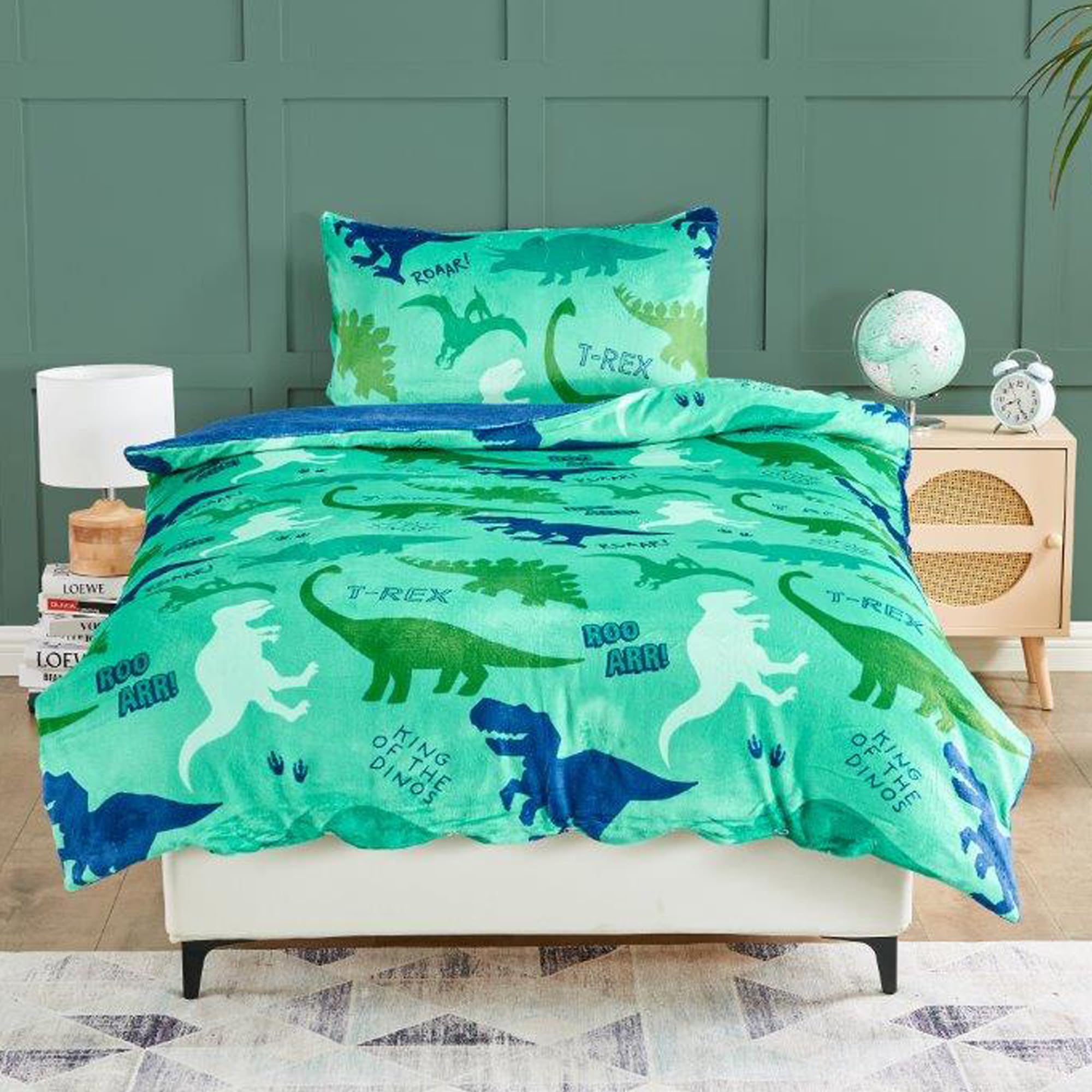 Lions Boys Roar Dinosaur - Dinosaur Teddy Fleece Bedding - Single Duvet Cover Set (137X200cm) With Pillowcase - Soft Reversible Warm Cosy Printed Quilt Covers For Girls, Kids Jungle Bed Sets