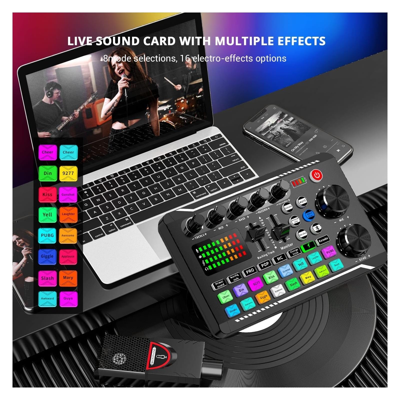 Kit scheda audio professionale DJ interfaccia audio mixer, portatile ALL-IN-ONE studio di produzione podcast con microfono XLR per streaming live studio di configurazione per la registrazione di