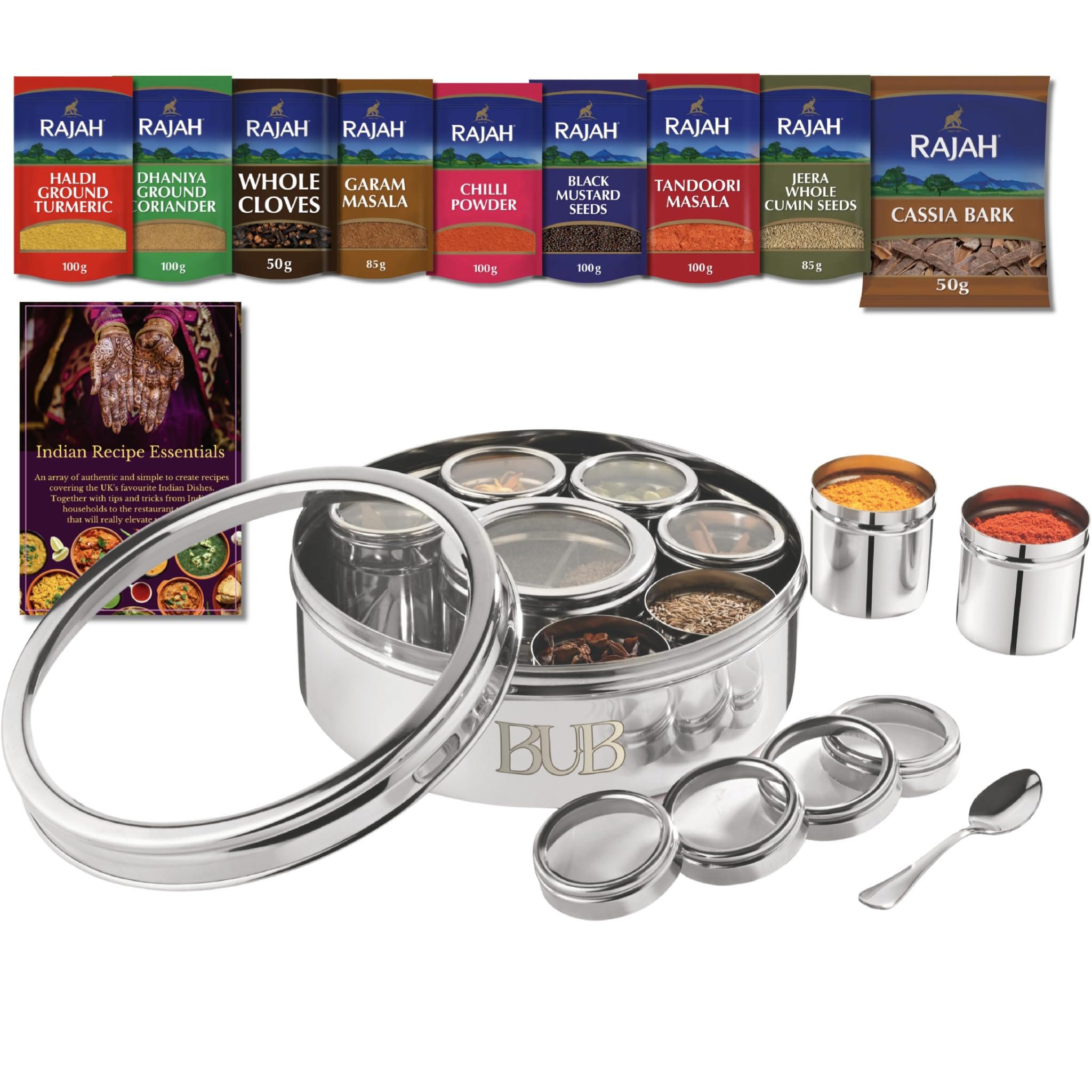 Bub : Grande boîte à épices Masala Dabba de qualité supérieure de 22 cm | 9 pots à épices avec couvercles individuels | Ensemble d'épices Rajah et livre de recettes | Cuillère et couvercles en