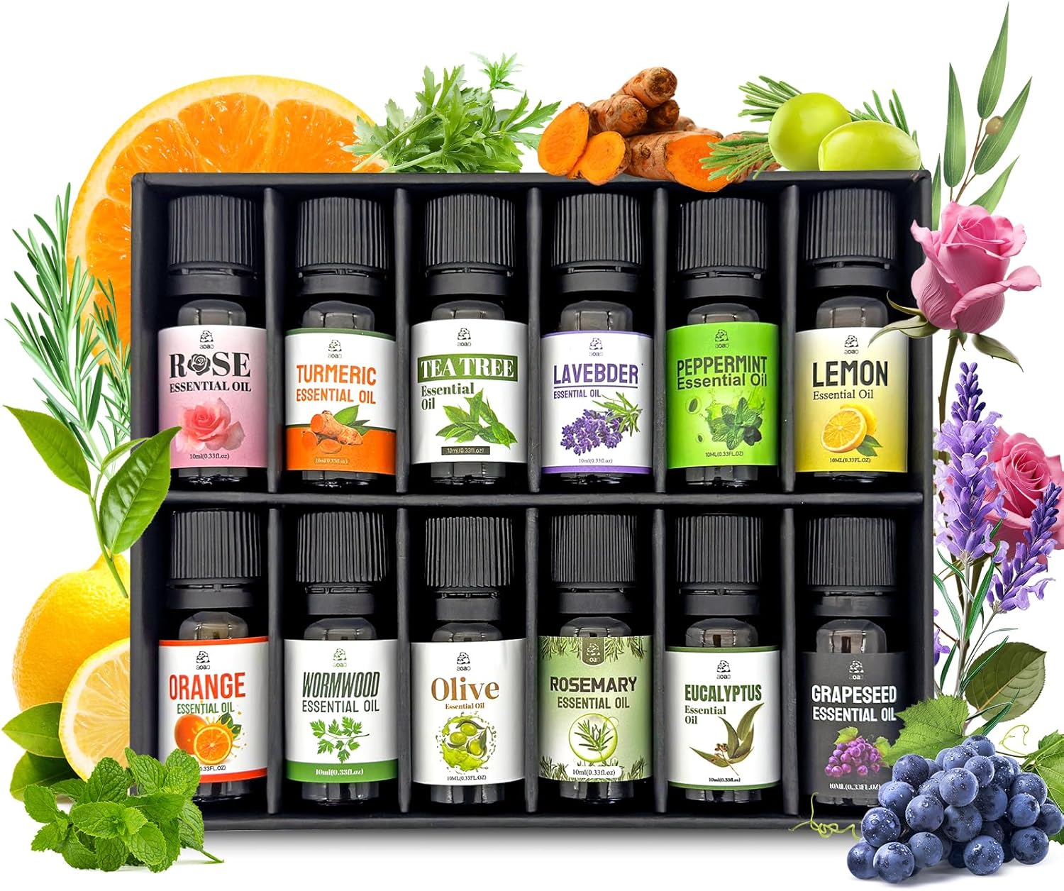 AOAO Aromatherapy Massage & Skin Care Essential Oils Gift Set – 12x5mL Bottles for Diffuser, Home Freshening, Relaxation & Gifts | Lavender, Peppermint, Eucalyptus, Tea Tree, Lemon and More Scents