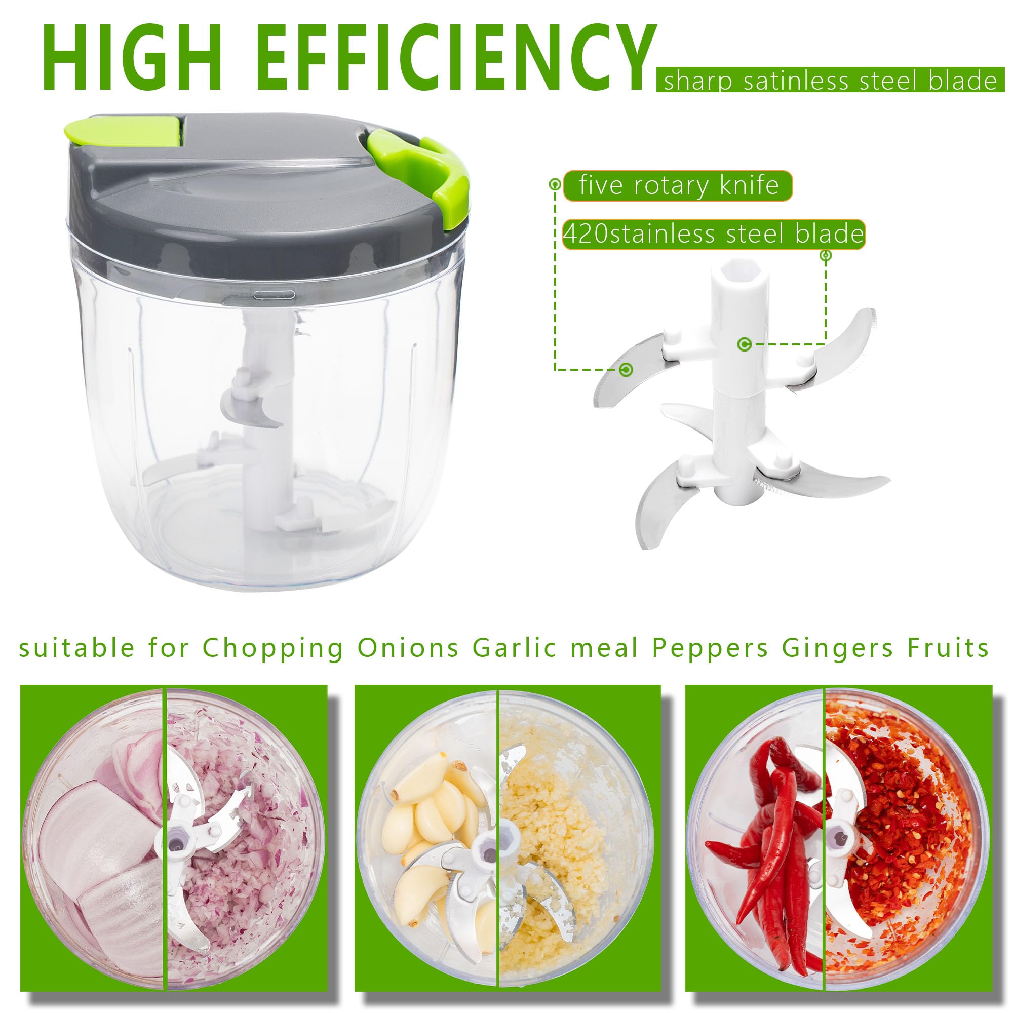 Procesadores manuales de alimentos y picadora con tapa y asa, cortador manual de cebolla, cortador de rebanador de verduras, adecuado para ajo, zanahorias, cebollas, pimientos, frutas, picado 4