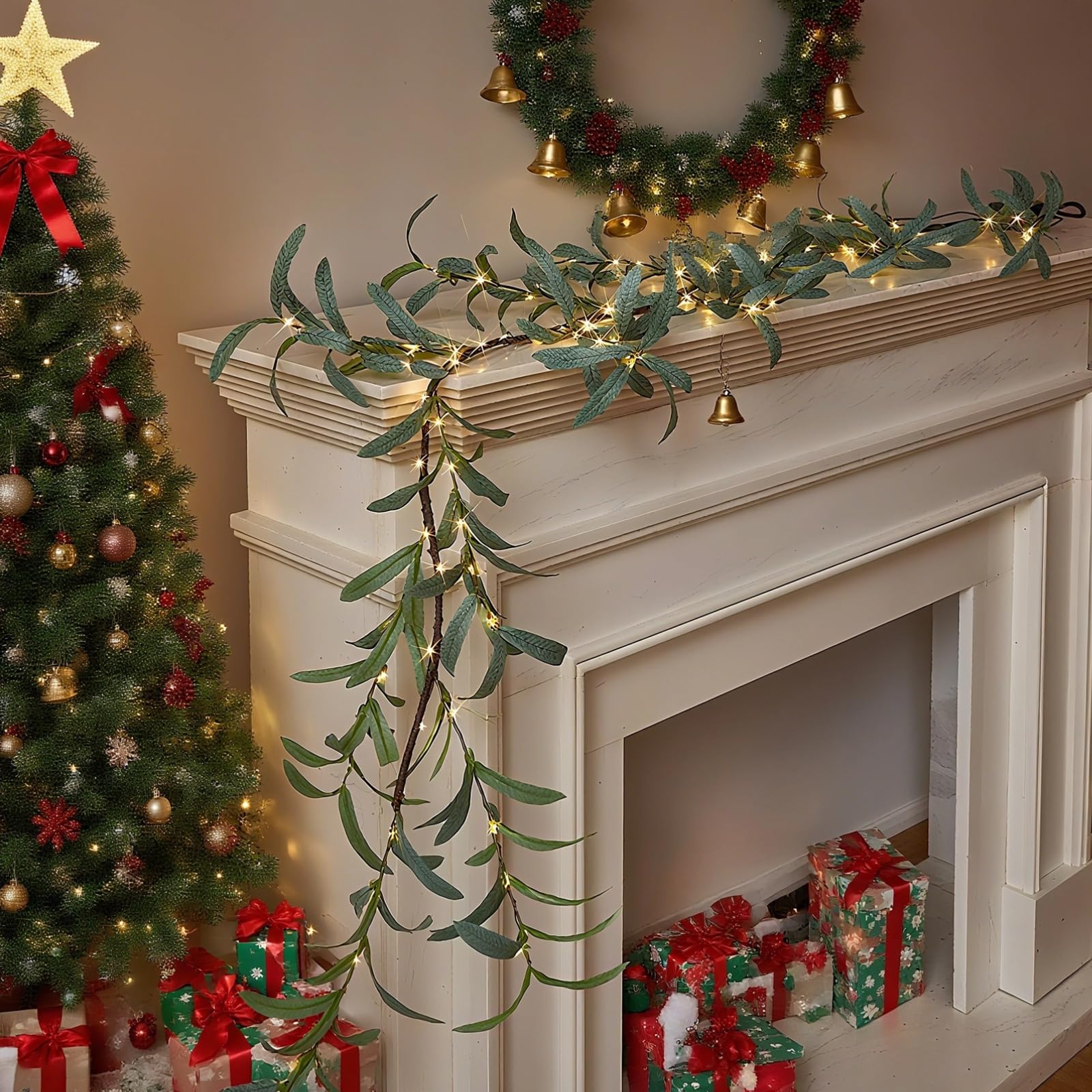 Lichtgirlande mit Olivenzweigen, 180 cm, batteriebetriebene Kunstgirlande mit 96 warmweißen Lichtern, Kupferdraht, Weihnachtsdeko für Feiertage, Hochzeit, Party