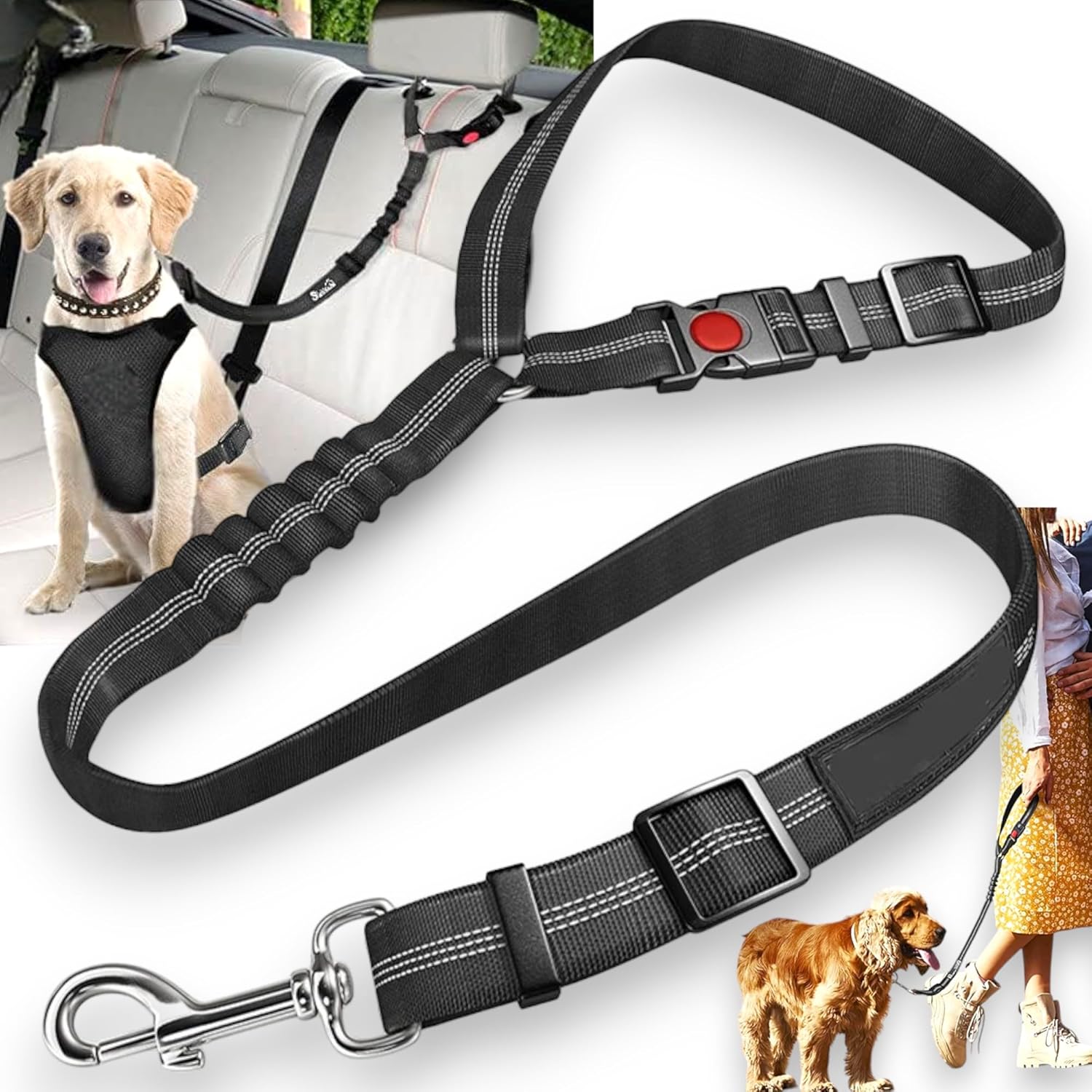 Cinturon Perro Coche, y Correa de Paseo 2 en1 Instalación fácil en el Cabezal, Ajuste Universal y Amortiguador de Tirones, Arnes Coche Perro, Perros Accesorios (Negro)