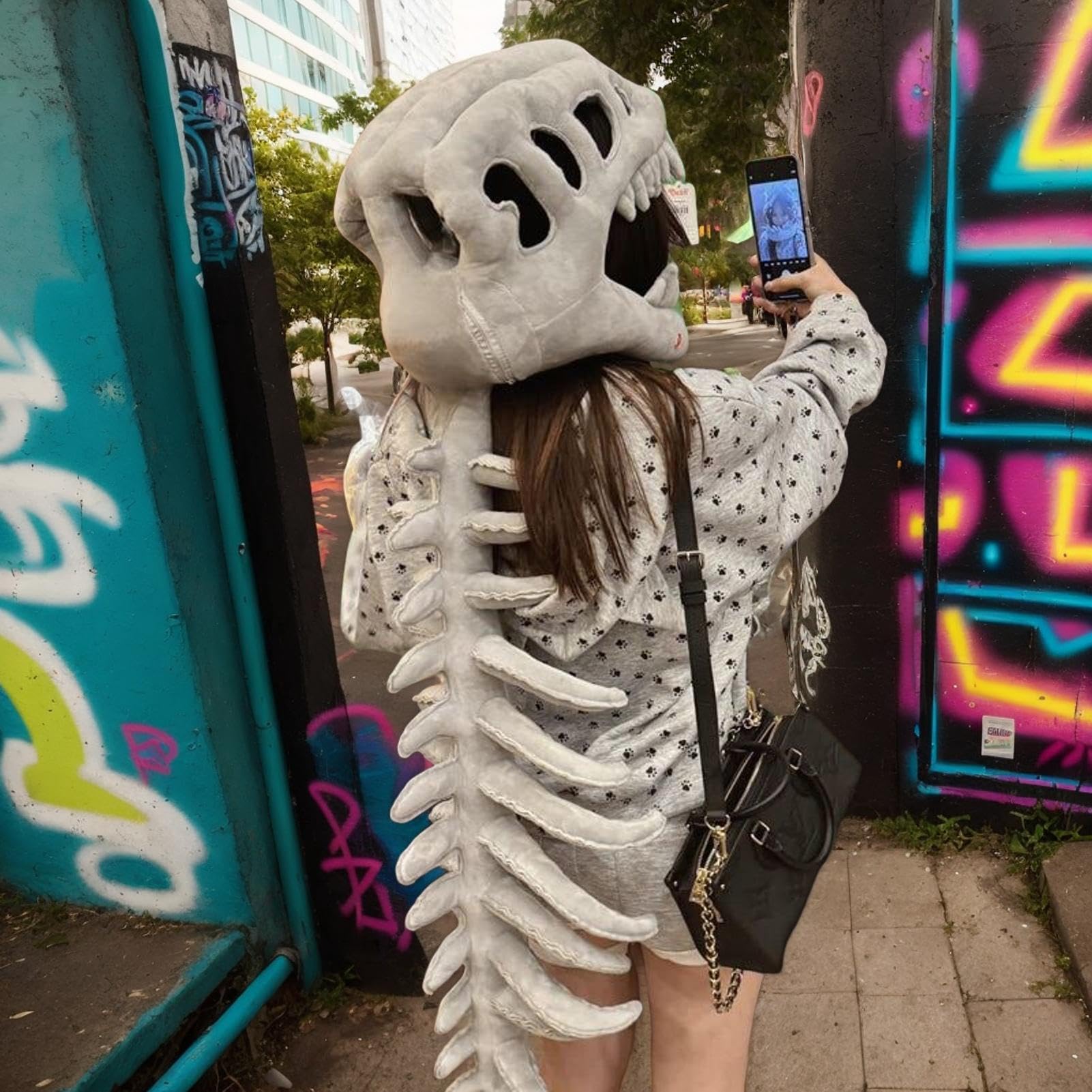 Pluszowy Kostium Szkielet Dinozaura Pluszowe Zabawki Szkielet Do Noszenia | Halloween Zestaw Kostiumu Czaszka Dla Kobiet Mężczyzn Dziewcząt Chłopców Karnawał Impreza Święto Scena