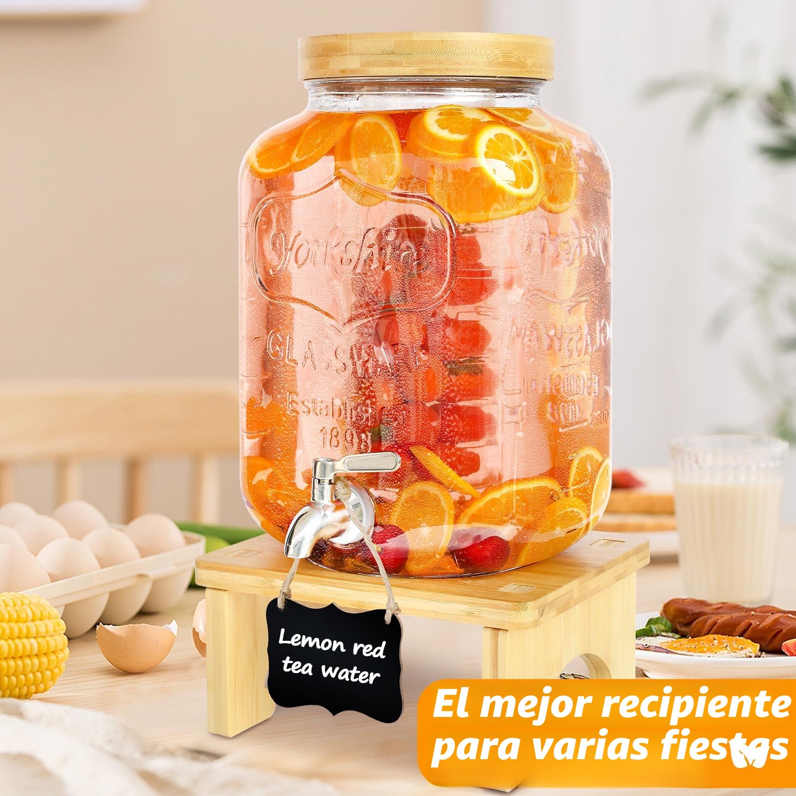 Dispensador de bebidas con soporte, dispensador de bebidas de cristal con grifo de acero inoxidable sólido para zumos helados, agua, bebidas caseras, fiestas, bodas