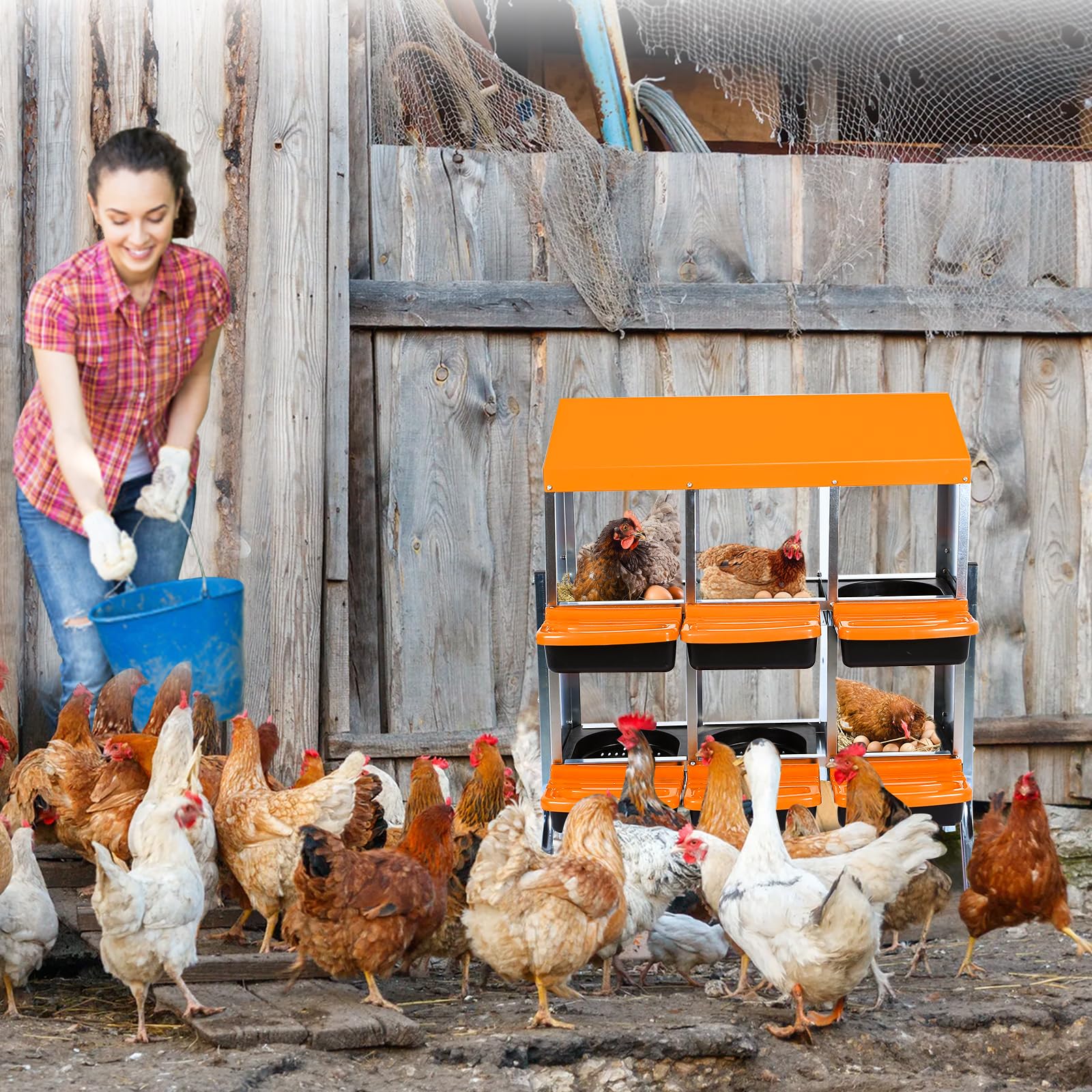 Nido para pollos, nido de metal con base inclinada, agujeros de ventilación, fácil limpieza, cajas de recogida de huevos para gallineros, patos, aves de corral, 6 agujeros con patas