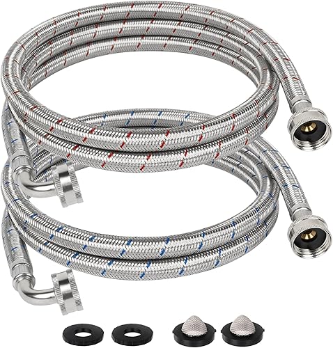 JUWO Mangueras de lavadora de 4 pies con codo de 90 grados, mangueras de lavadora de acero inoxidable FHT de 34 pulgadas, para suministro de agua de