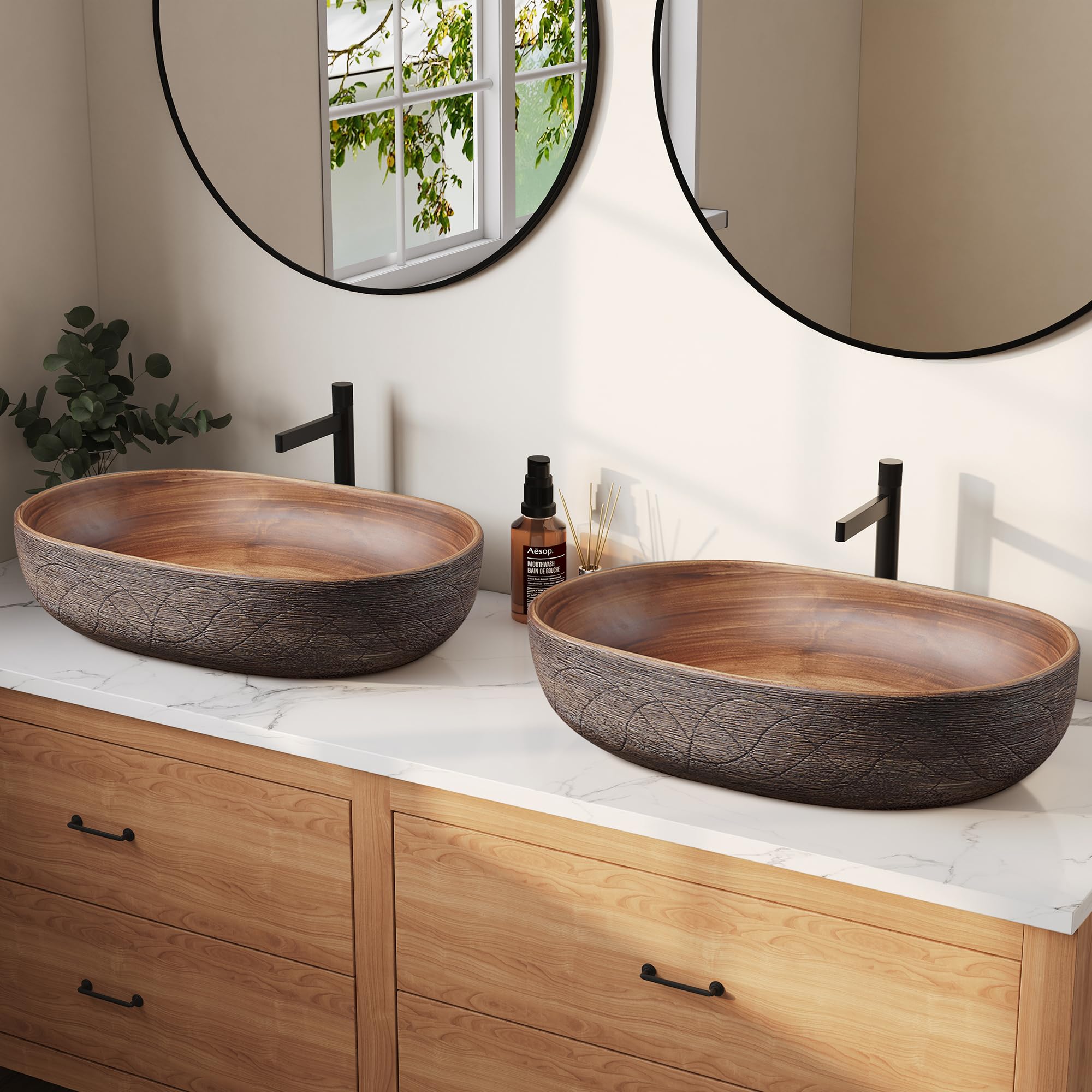 Homary Bathroom Vessel Sink, 23.23" Oval Bowl Sink Retro Ceramic Washbasin Above Counter for Bathroom,Without Pop-up Drain, Retro Brown, Pack of 2