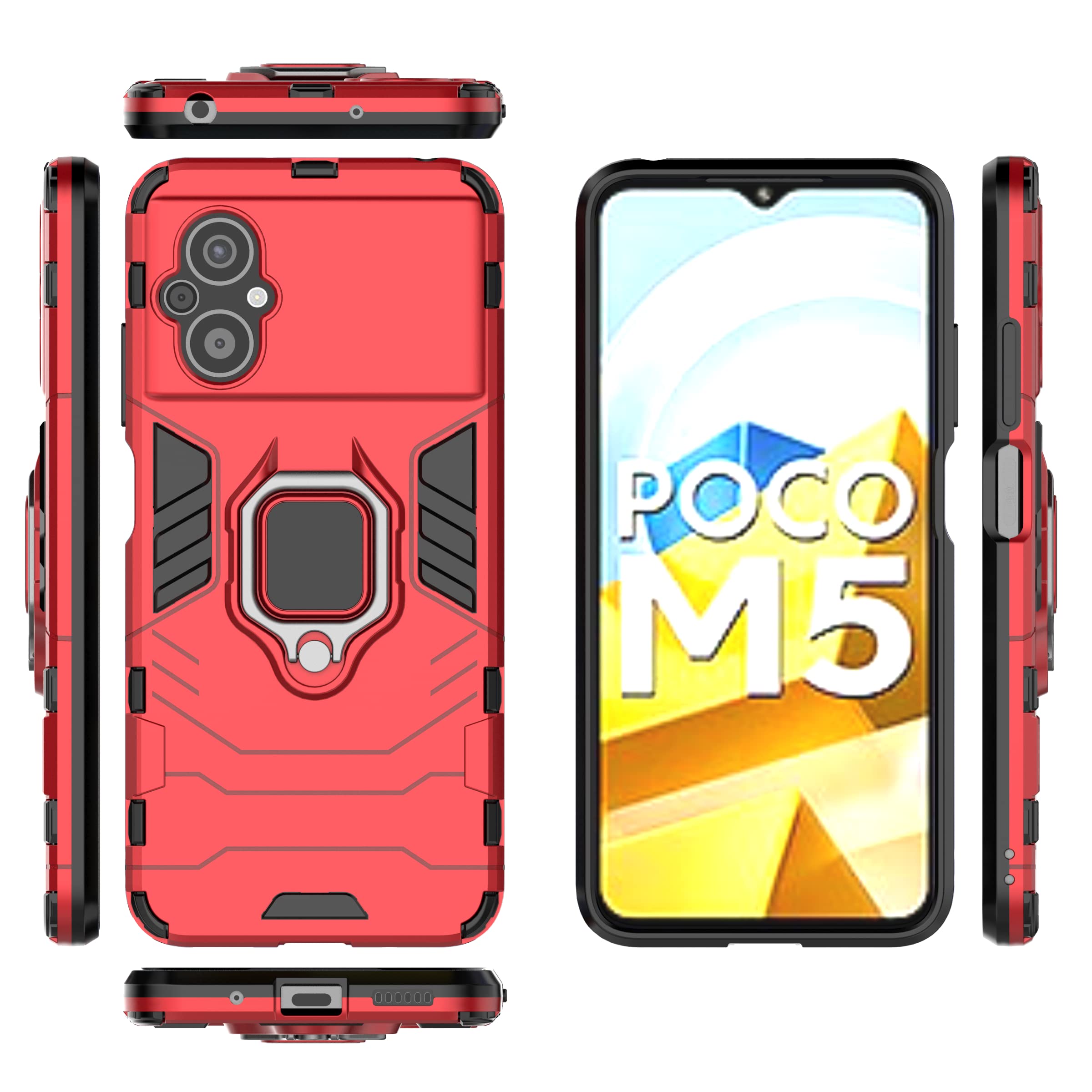 KANSi Cover per Xiaomi Poco M5 / Poco M4 5G, Vetro Temperato [2 Pack] Custodie Silicone TPU 360° Rotante Anello Magnetica Anello Ring Supporto Bumper - Nero