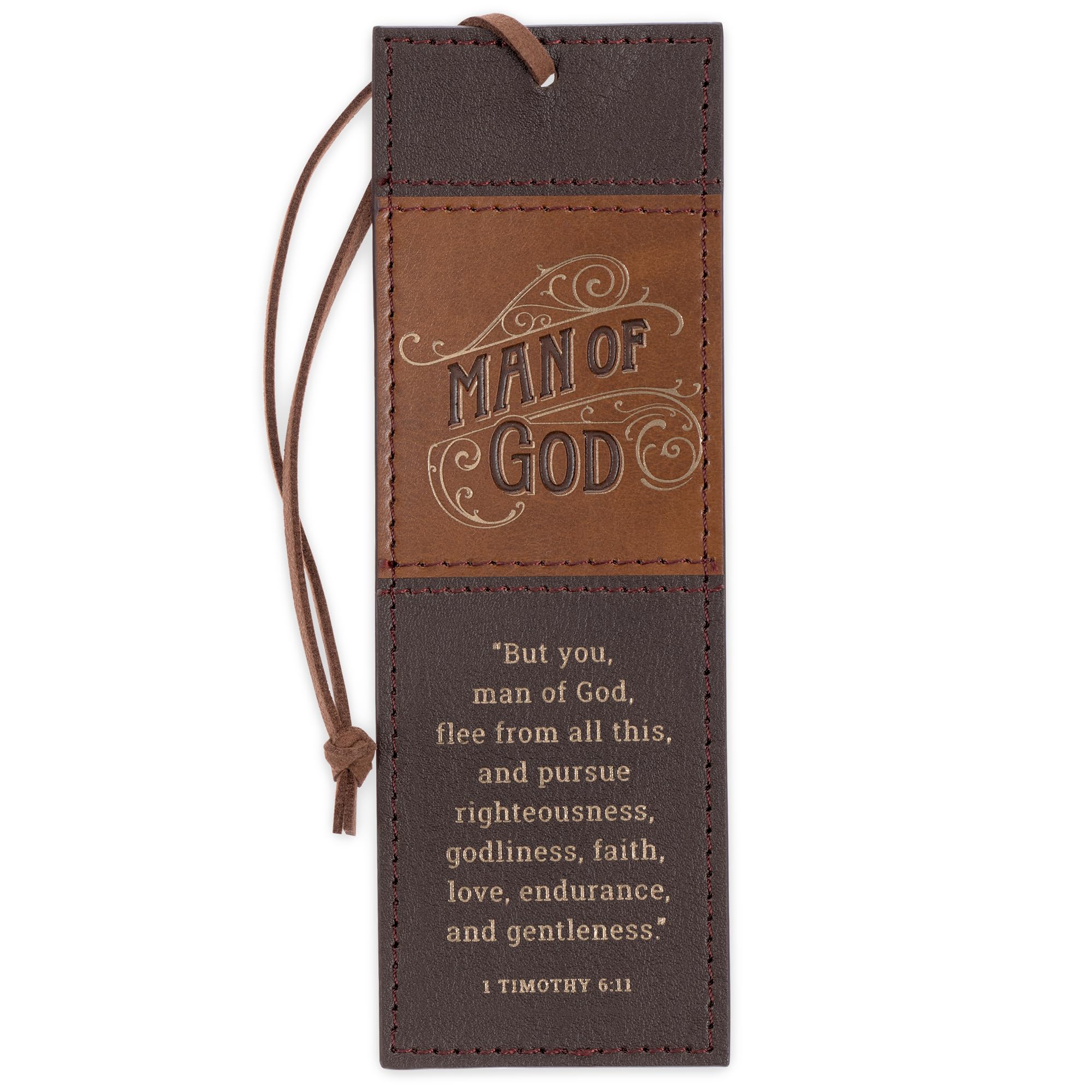 Christian Art Gifts Premium Inspirational Scripture Vegan Leather Bookmark for Men: Man of God Encouraging Bible Verse, Knotted Cord, Gold Text, Sturdy Slim Book Reading Accessory, Light & Dark Brown