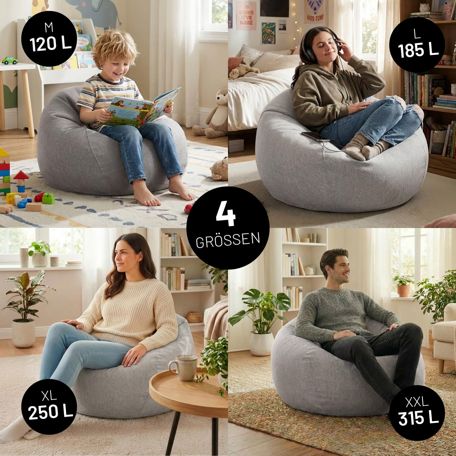 Lumaland Sitzsack Comfort Line | Indoor Beanbag 80x90x50cm mit mehr als 1,5 Mio. anpassbaren EPS-Perlen | Weiches & Komfortables Bodenkissen | Sessel für Kinder & Erwachsene | 185 L Volumen [Hellgrau]