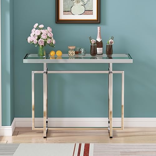 Miniatura 4 de ASYA Mesa consola de cristal para entrada, mesa de entrada moderna con vidrio templado y marco cromado, mesa de sofá plateada para sala de estar y
