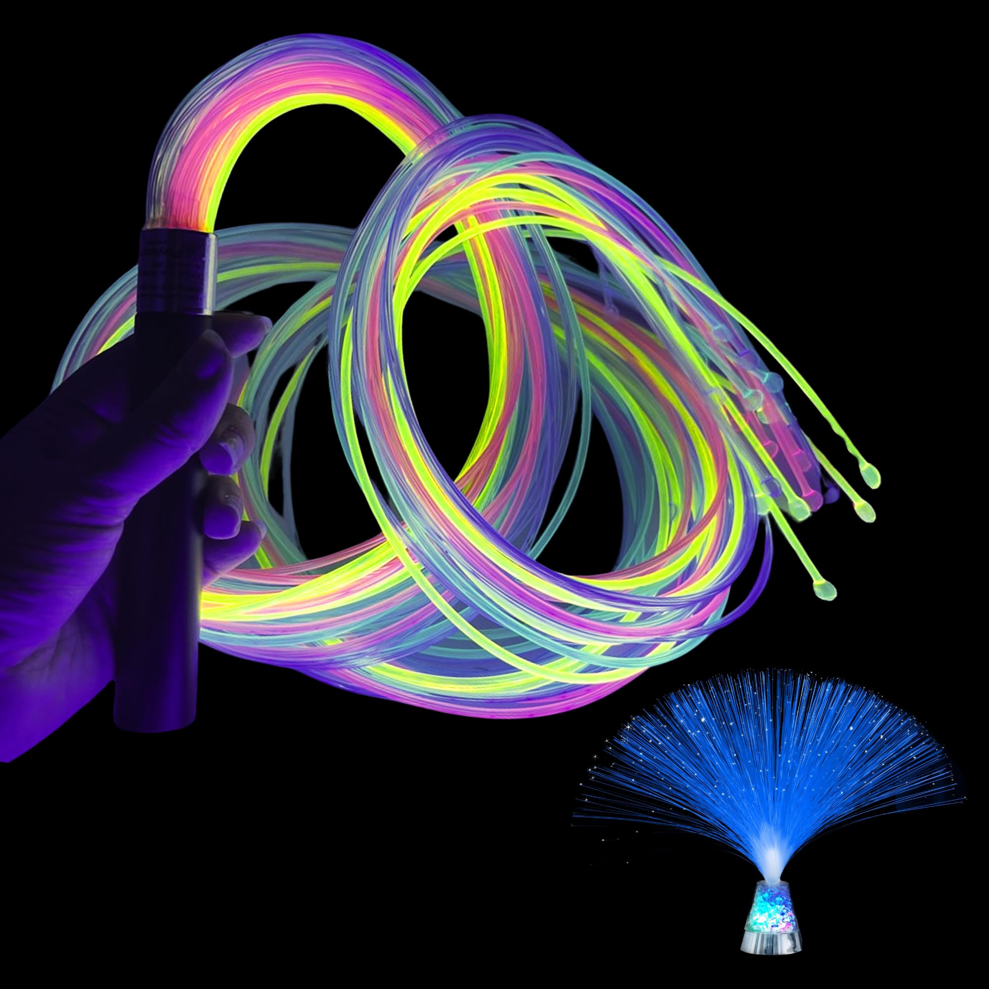Playlearn Sensory Fibre Optic LED Whip Light with UV Coloured Tails -1.5mx 30 Tails 7 Colors and 4 Glowing Modes - 1x Glowing Fibre Optic Light Lamp Sensory Lights