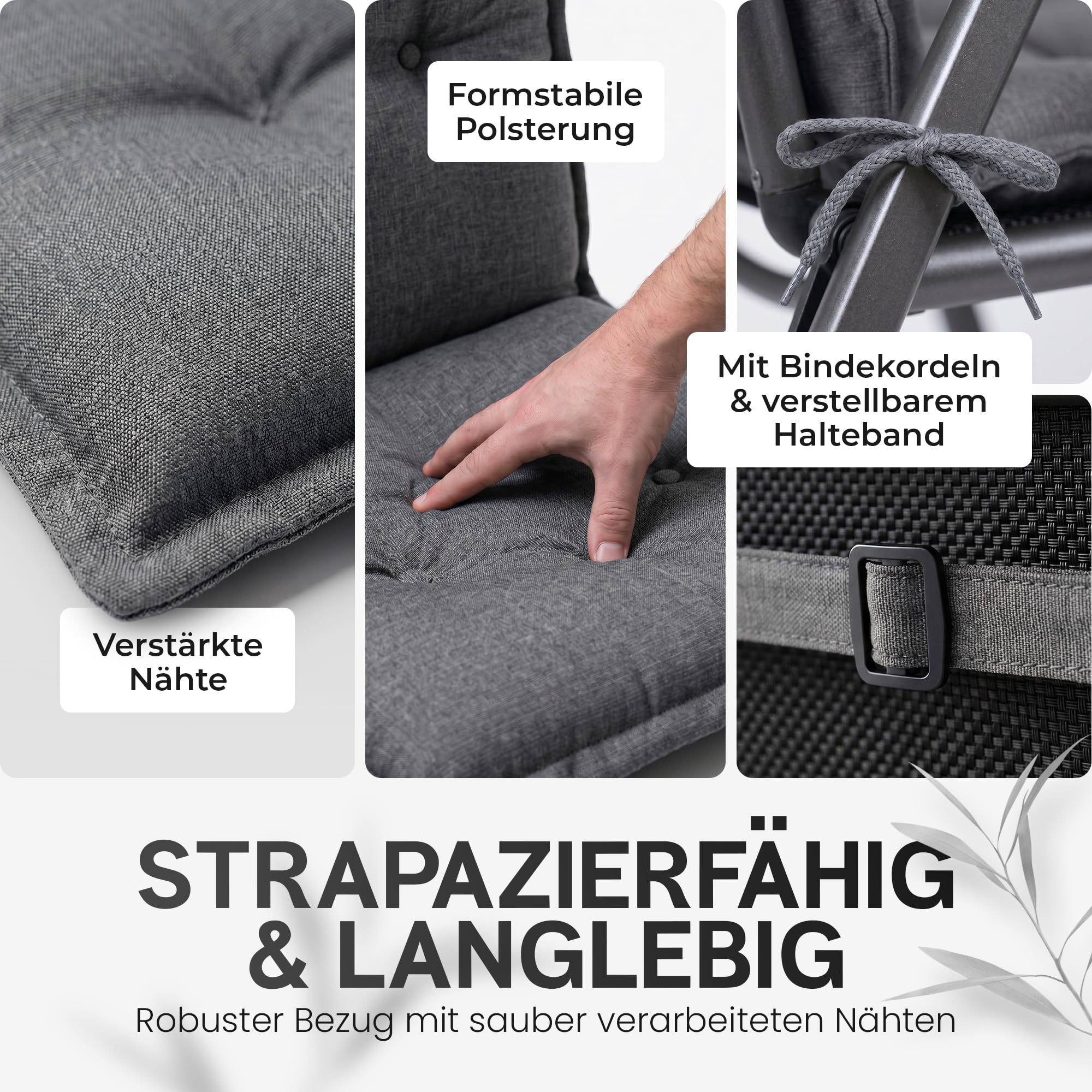 Hochlehner Auflagen 2er Set - 120x50 cm - Gartenstuhlauflagen Sitzauflagen - Oeko-Tex zertifiziert - Hochlehner Polster - Gartenstuhl Stuhlauflagen mit Befestigung - Made in EU - Antrazit