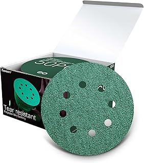 5-Inch 8-Hole Sanding Disc Hook and Loop, Green Film Orbital Sander Pads for Woodworking, Metal, Automotive, Sanding Discs Assorted Grits (40, 80, 120, 220, 320) - 50 Pack