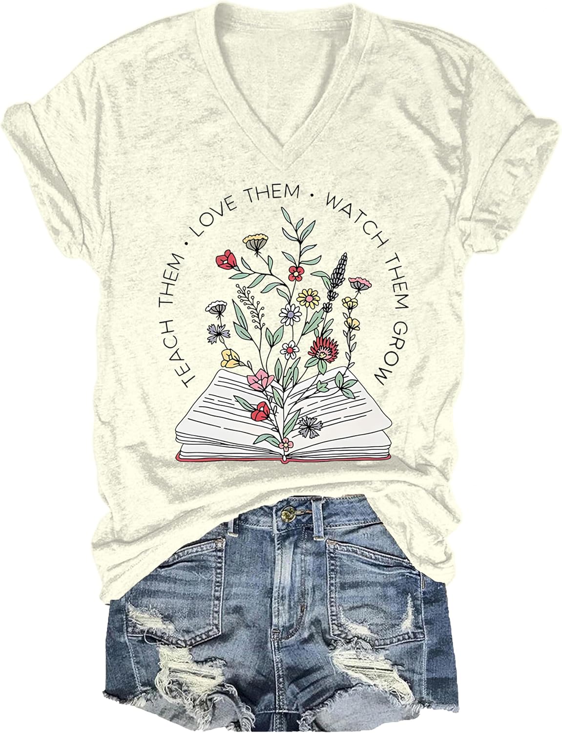 Teach Them Love Them Watch Them Grow Shirt Teacher Shirt Women Teacher Floral T-Shirt Cute Graphic V Neck T-Shirt