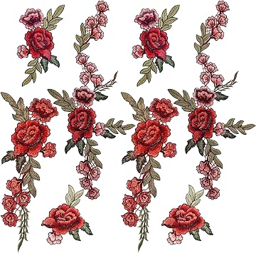 8 PCS Red Rose Embroidered Flower Applique Peony Flower Sew Iron on Patches Bouquet Boho Sew On Patches DIY Collar Bust Dress Bag Shoes