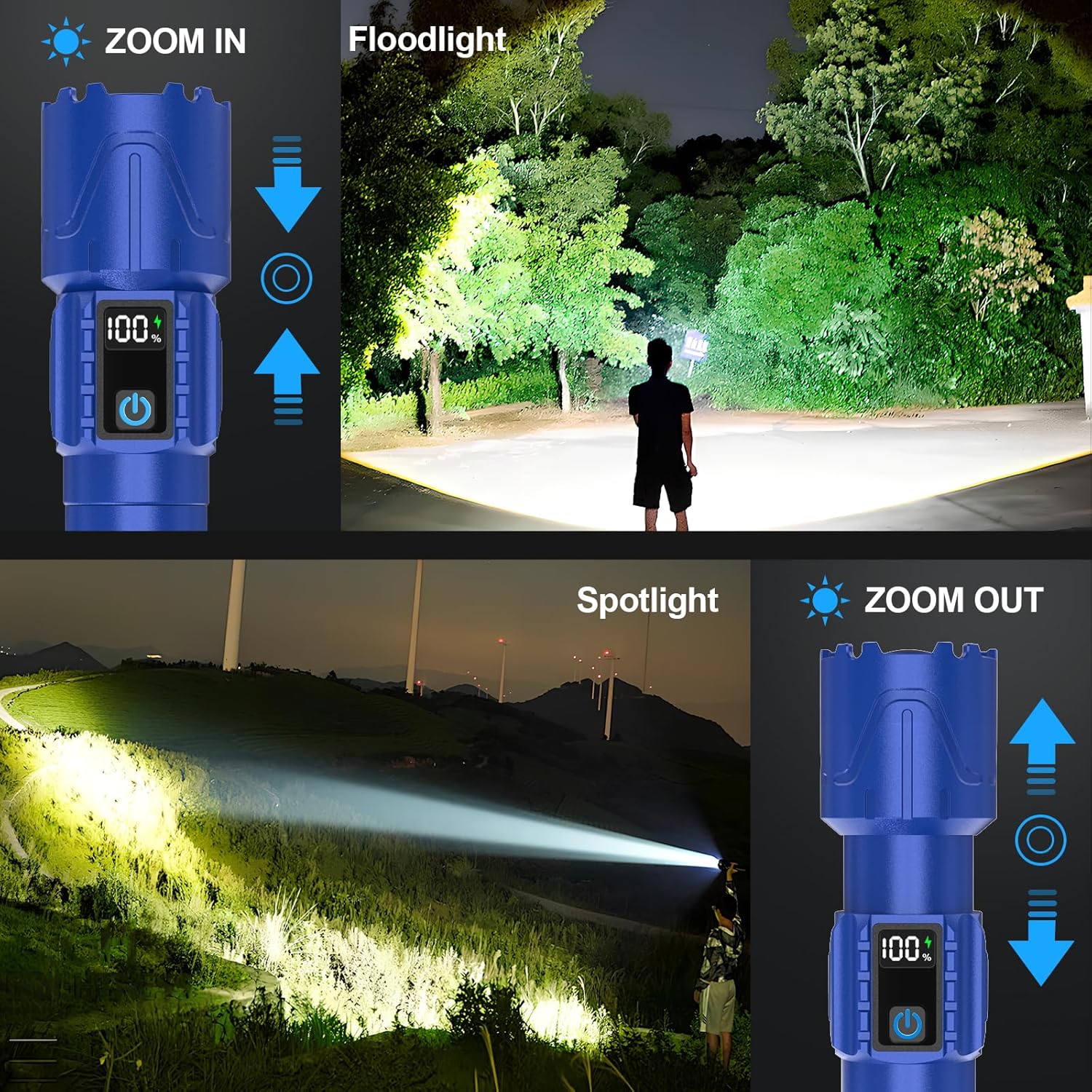 Rechargeable Tactical Flashlights 2000 High Lumens - 5000mAh Super Bright LED Powerful Flash Light, Waterproof Handheld USB C Flashlight for Home,Car,Camping,Emergencies,5 Modes,Zoomable (2, Blue)
