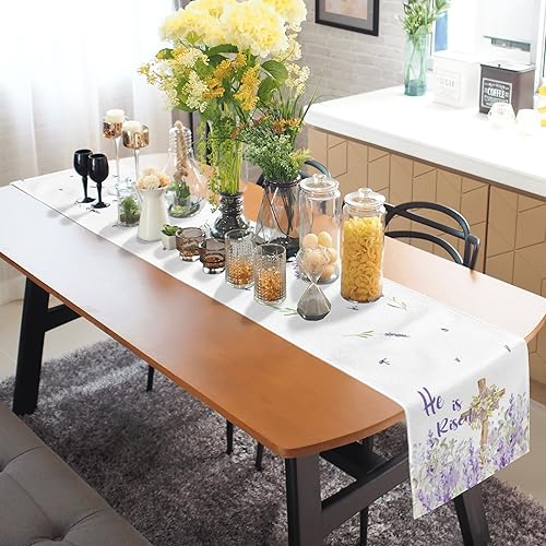 Miniatura 3 de Camino de mesa de Pascua  Decoraciones de mesa de Pascua He is Risen Purple Lavender Cross Spring Camino de mesa para decoración del hogar cocina