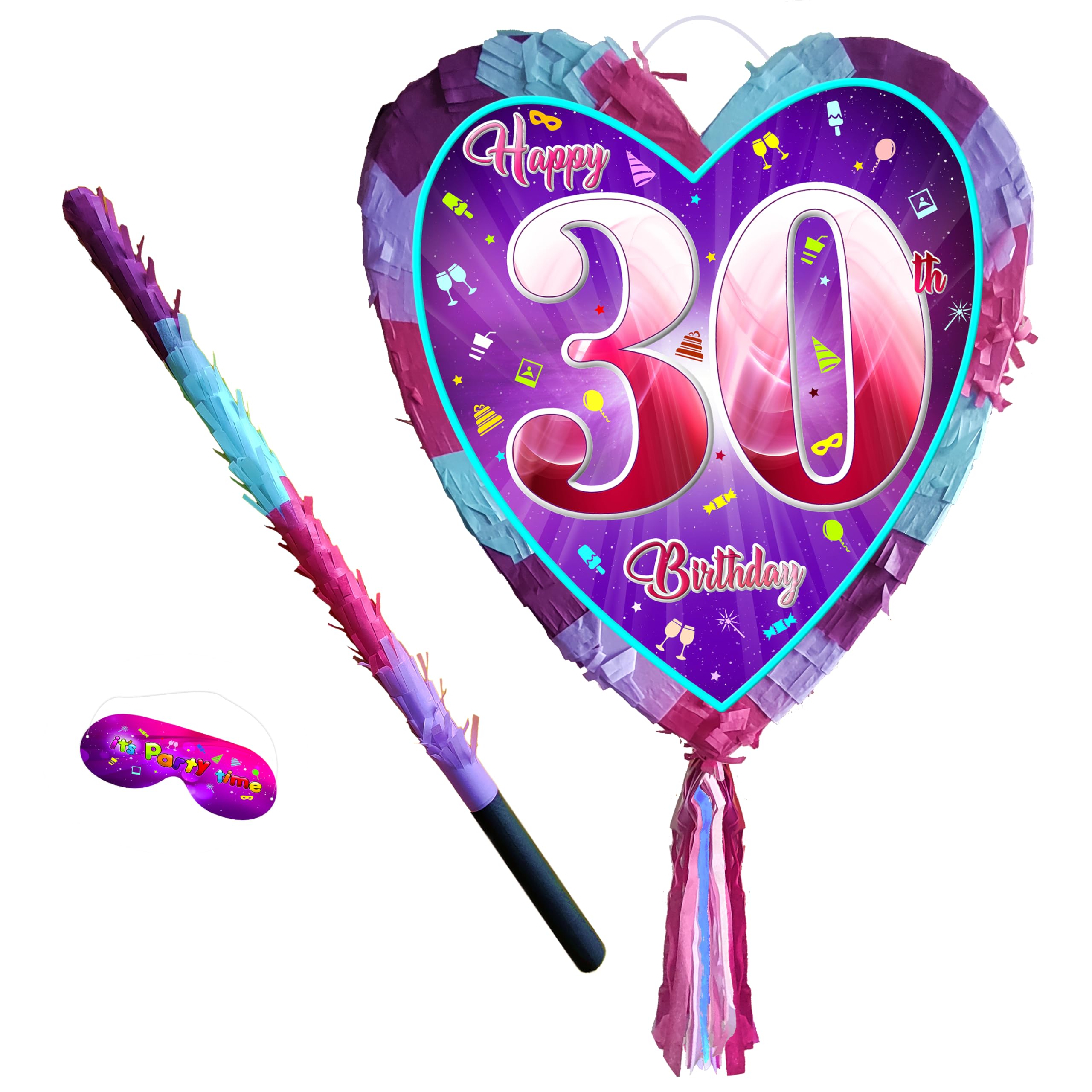 30th birthday pinata with stick - Girls thirty party smashing game - Big 41cm x 38cm, Pink, Purple, Sky Blue - Image 5