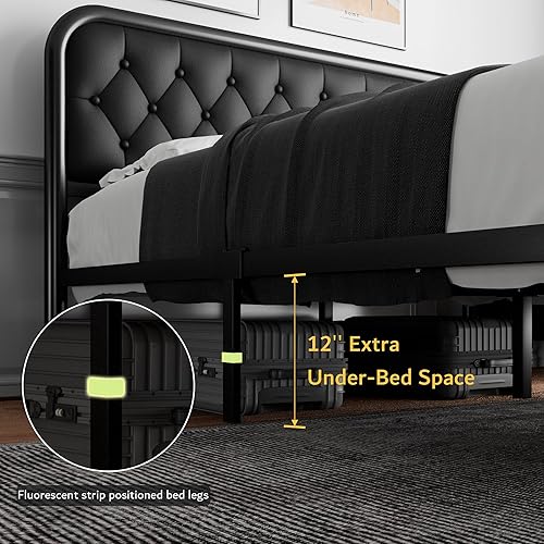 Miniatura 7 de iPormis Marco de cama tapizado Queen con cabecera y estribo capitoné, marco de cama de plataforma industrial de piel sintética, construcción de