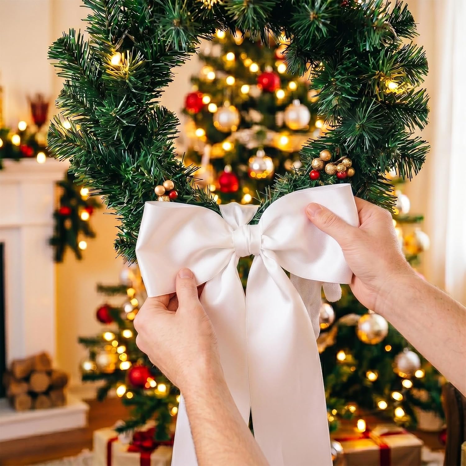 Wreath Sash for Door, 2pcs Garland Ribbon Sash, Satin Wreath Ribbon-White | Tear resistant polyester, Yard wall doorway front door decor, Satin white wreath ribbon, 4.57inch width x 56inch long