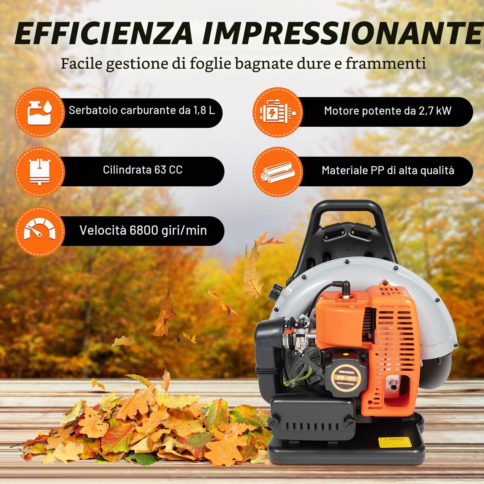 Soffiatore a scoppio 63 cc, 2 tempi, 2.7kw Backpack Leaf, Soffiatore per Foglie a Benzina, Soffione Foglie Professionale, per la Schiena, 3,6 ps