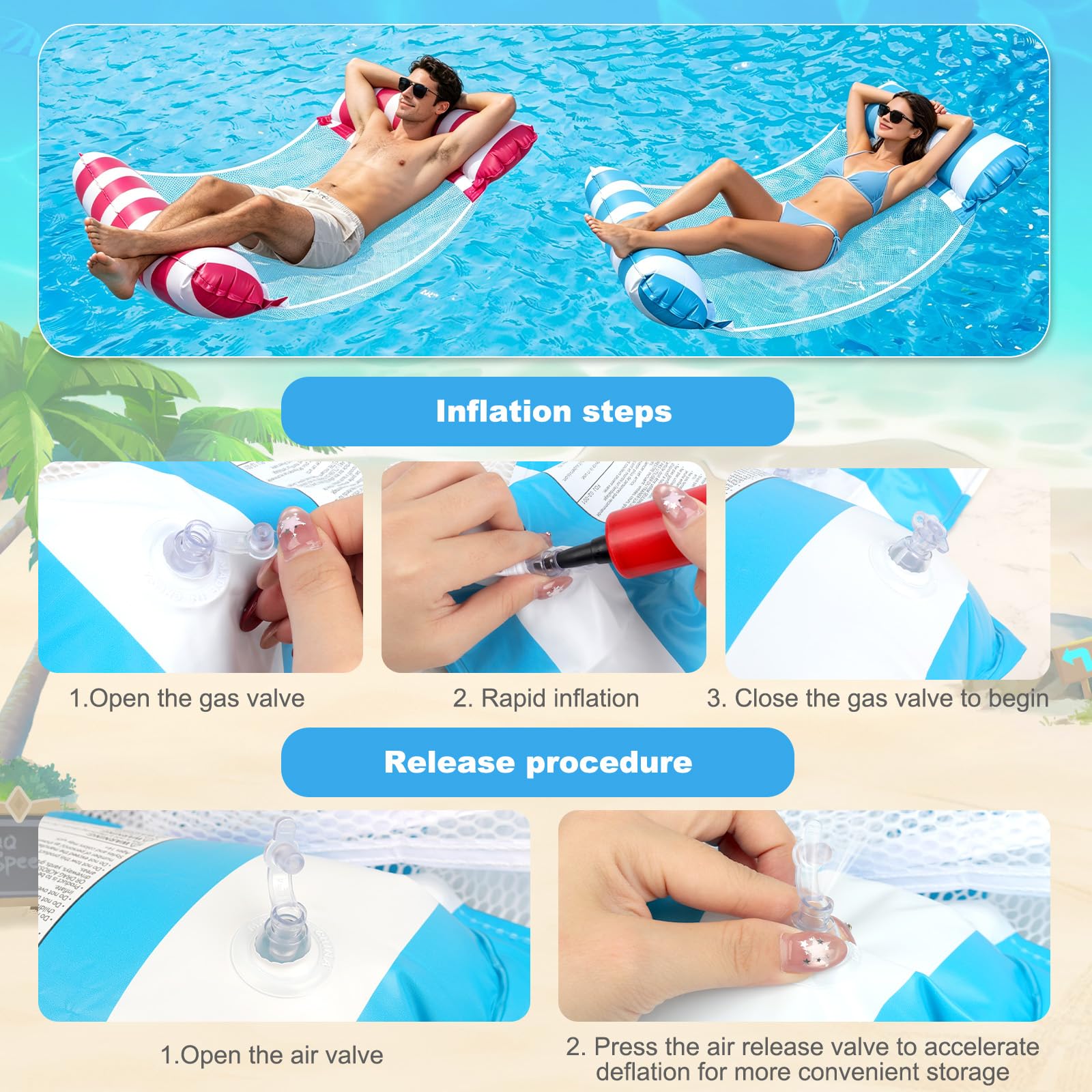 Materac dmuchany do basenu, 2 sztuki, XL materac dmuchany z 2 pompkami, nadmuchiwany hamak wodny, 4 w 1, zabawka do basenu, zabawka wodna dla dorosłych, dzieci, na basen, na plażę