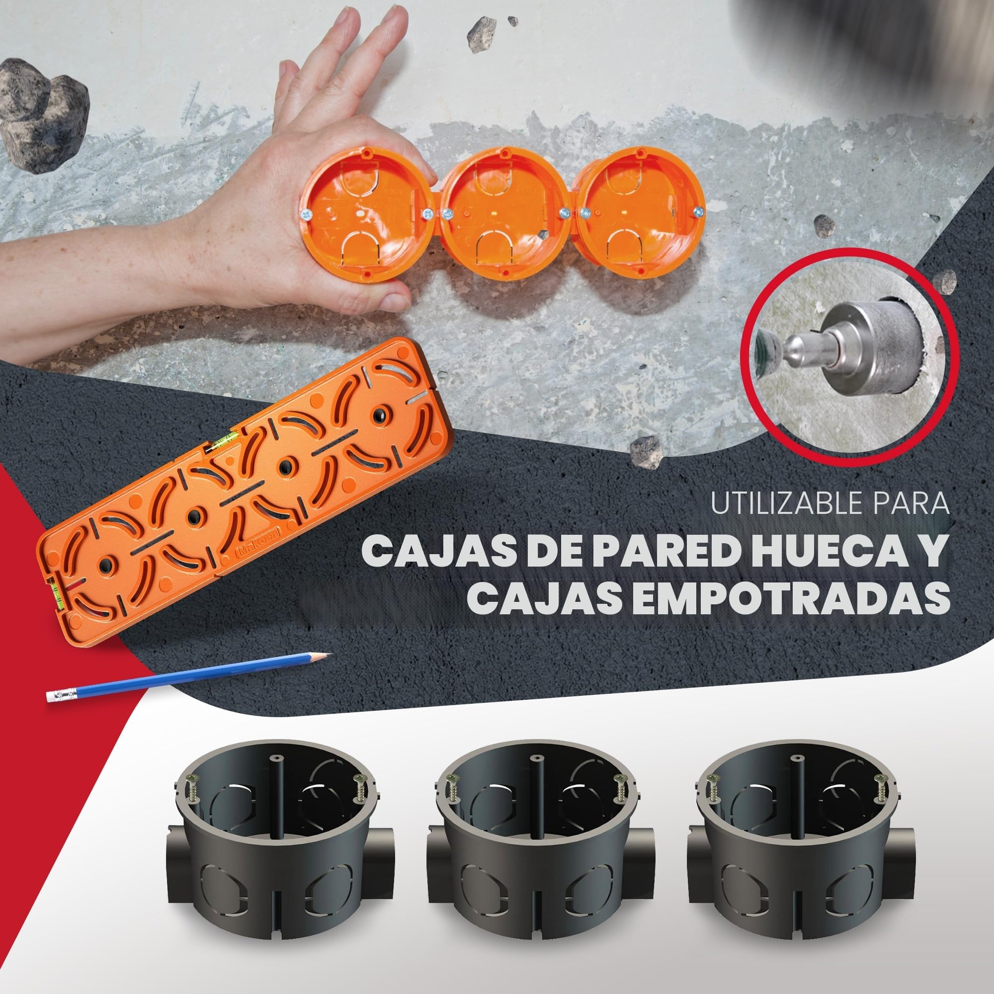 Plantilla de perforación para enchufe, caja de interruptor, caja de pared hueca, 71 mm de distancia, nivel de burbuja para instalación eléctrica en materia prima y paneles de yeso, MaKoen