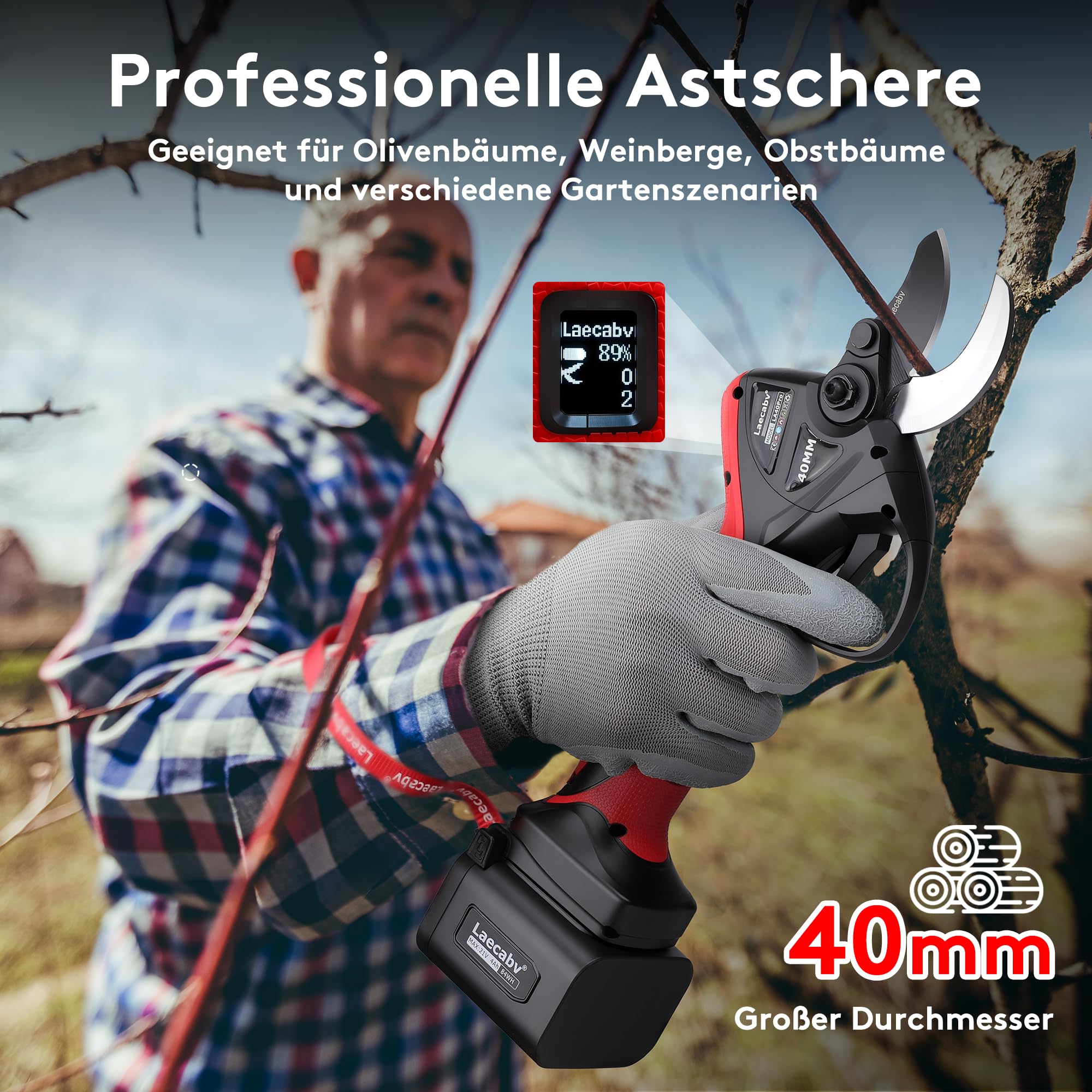 Laecabv LA40Pro Professionelle elektrische Gartenschere, 40 mm, progressiver Schnitt, 2 x 4,0 Ah Batterien (12 Std), 2 Jahre Garantie für den Körper, Bund und LCD-Display für Olivenbäume und Reben