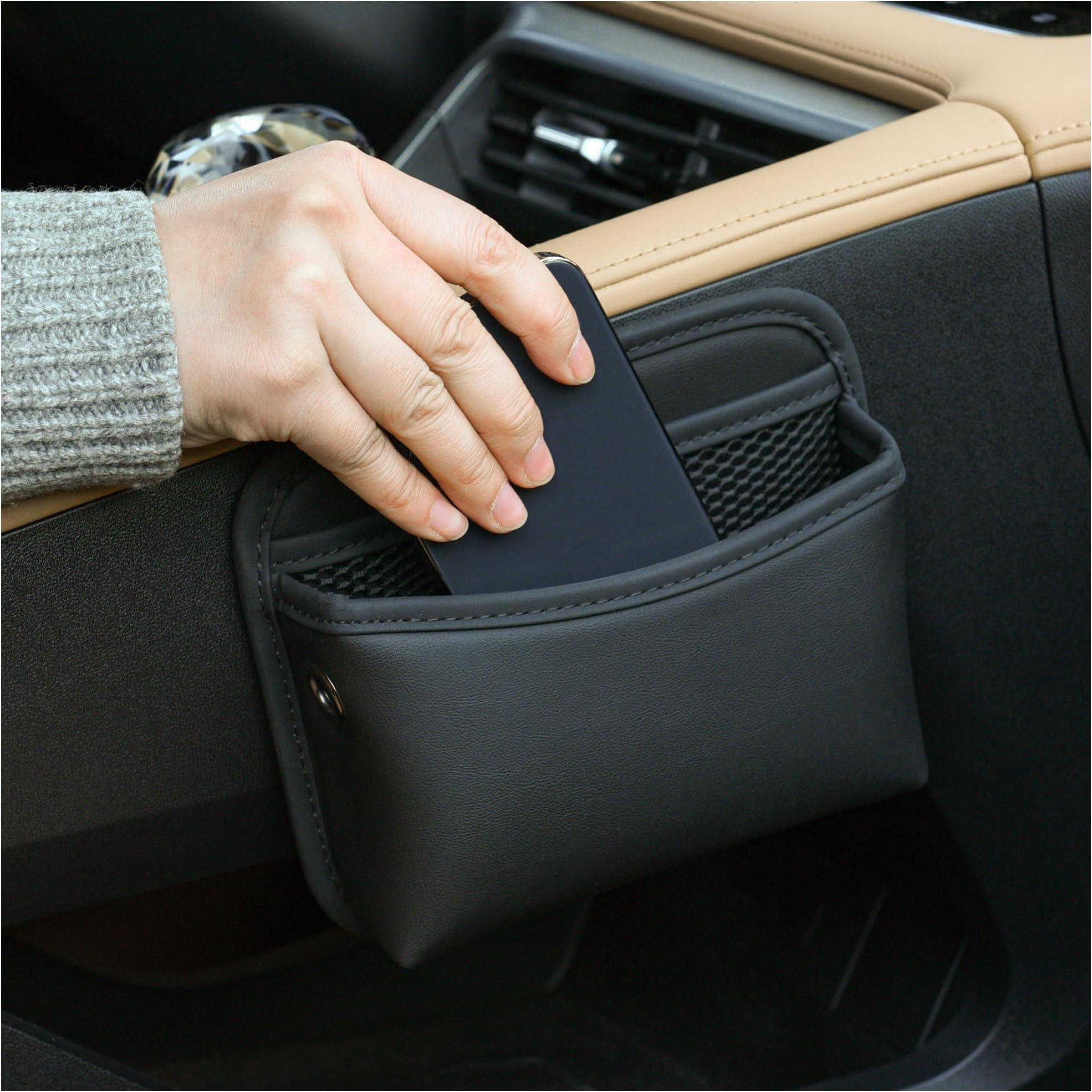 PU Leather Car Side Pocket Organizer, Universal Car Pocket Pouch Cell Phone Holder for Car, Car Seat Gap Filler Storage Accessories Organizer for Car Door, Console (Black)