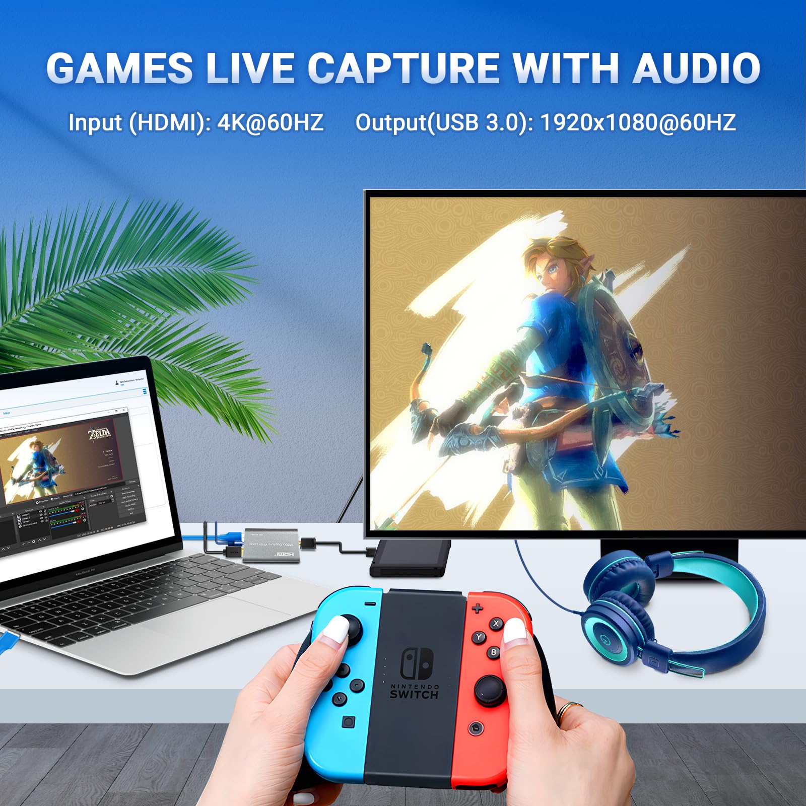 Scheda di acquisizione 4K, scheda di acquisizione video da HDMI a USB 3.0 con loopout per Nintendo Switch, 1080p 60fps con uscita audio per streaming, Xbox/PS4/PS5/PC, VLC/OBS/Amcap