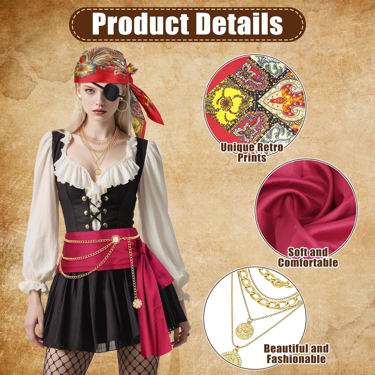 Hysagtek Pirate Costume Accessories Women - 10 Pcs Captain Pirate Head Scarf Hair Jewelry Sash Belt Necklace Bracelets Eye Patch Earrings Dress Accessories for Cosplay Party Dress-Up Parties Carnival