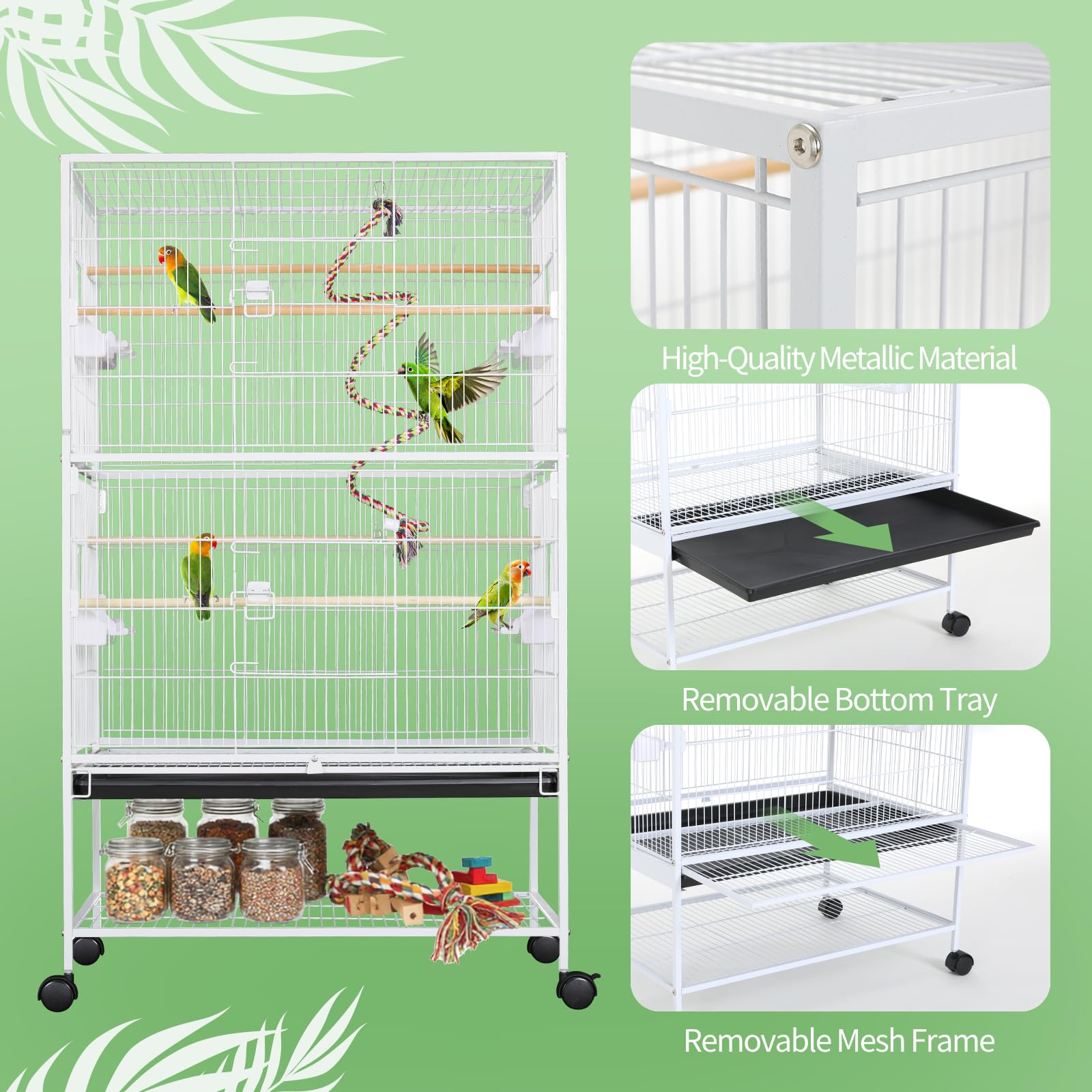 LIFERUN Vogelkäfig groß, Vogelkäfig aus Metall, Vogelbauer mit 4PCS Rollen, Wellensittich käfig mit Futternapf, Käfigspielzeug, Spring-Schaukel für Vogel mit 2 Türen 4 Holzstangen, 132 x 78 x 52 cm