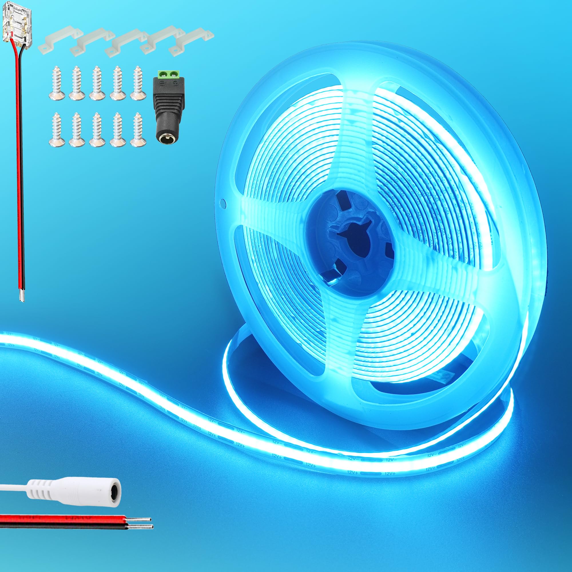 Clearhill 12V COB 480LED Strip Lights,16.4FT/5M(No Power Supply), Iceblue, 2400LED,with 5521DC Female Connectors,8mm Width,IP20,for DIY Home Indoor Decoration